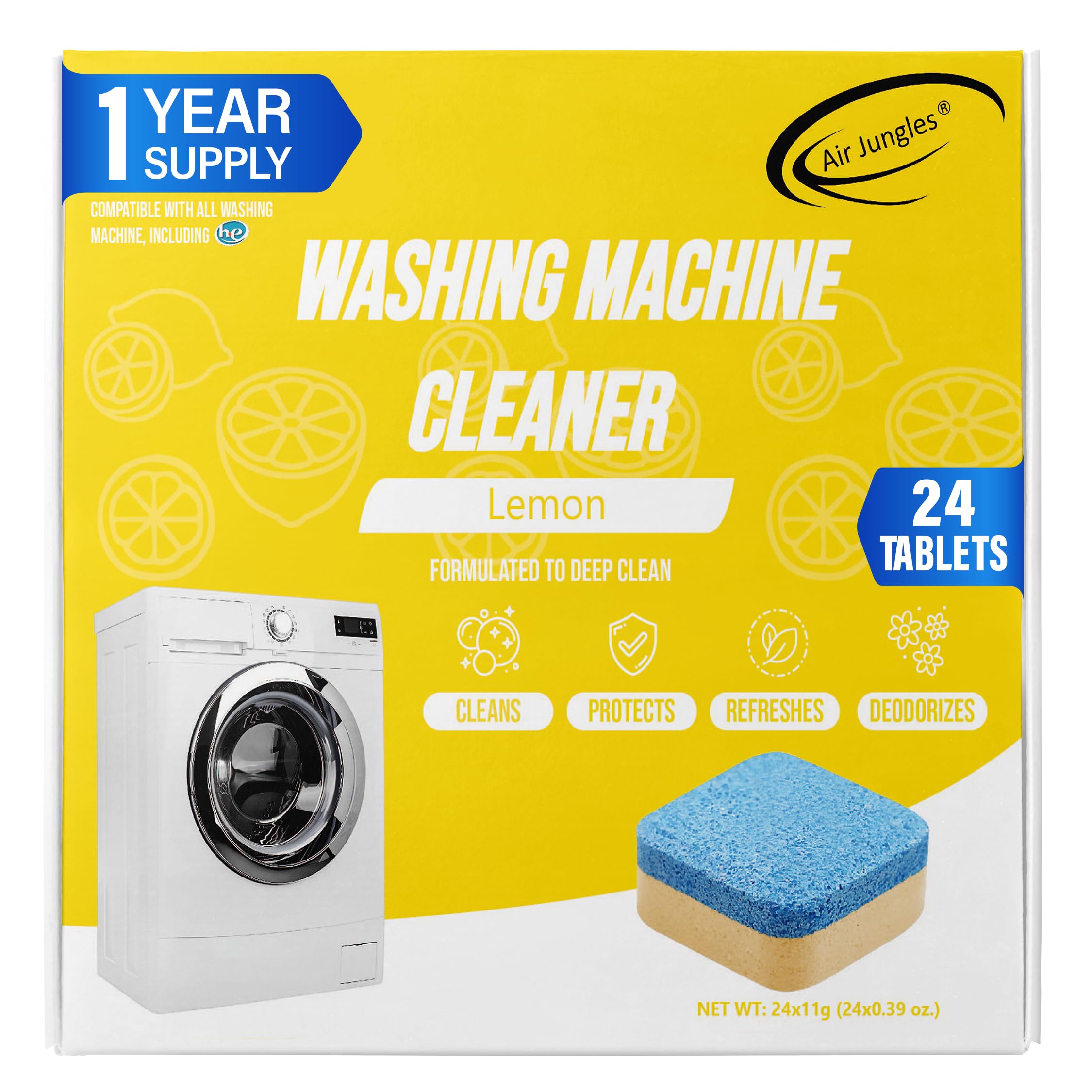 Air Jungles Washing Machine Cleaner Tablets 24 Count - Lemon Scent Deep Cleaning Dirt Remover for Front & Top Load Washers | Cleans Drum, Tub & Eliminates Odors | 12 Month Supply | Perfect for Monthly Washer Maintenance & Fresh Laundry