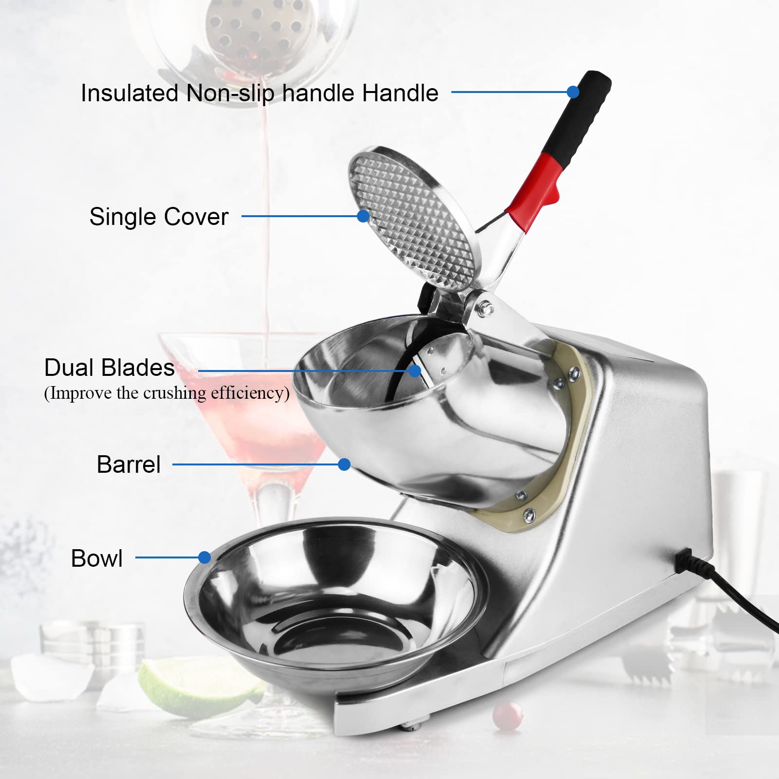 Electric Ice Crusher Machine 110V - 300W Dual Blade Ice Shaver with Bowl & Cover - 80kg/Hour Snow Cone Maker for Home & Commercial Use - Perfect for Margaritas, Smoothies, Cocktail Bars & Party Drinks (Silver)