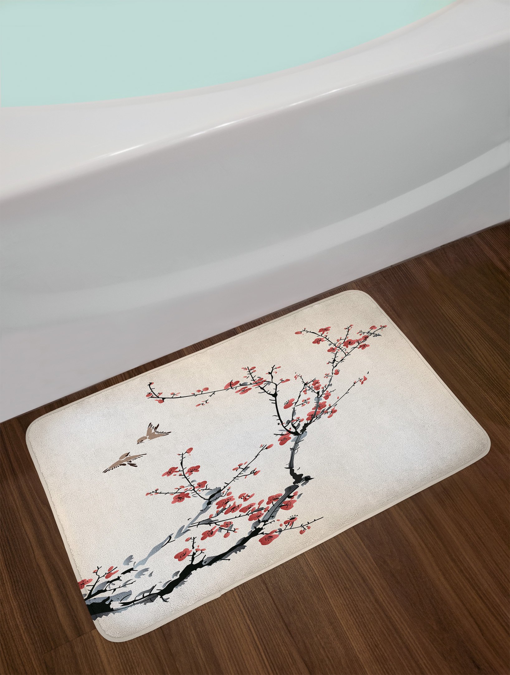 Ambesonne Floral Bird Bath Mat - Non-Slip Plush Bathroom Rug with Cherry Blossom Painting Design, 30