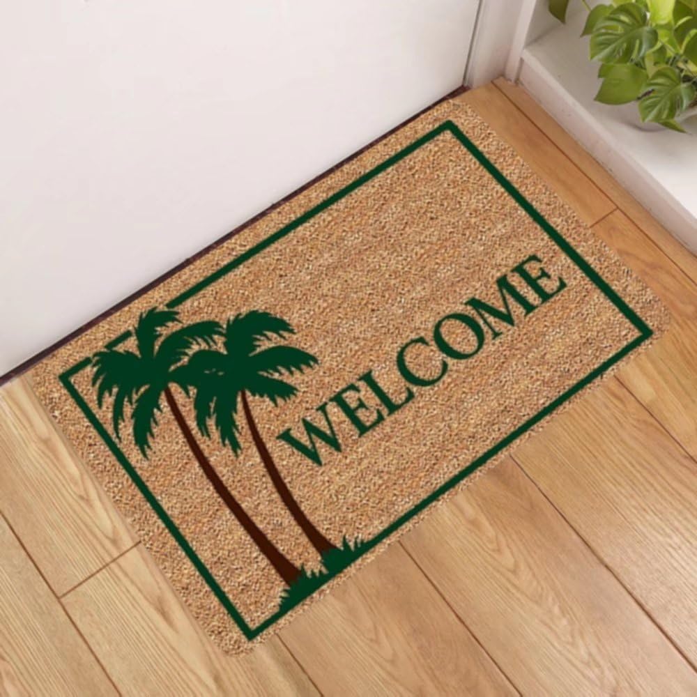 Welcome Palm Tree Doormat - Non-Slip Flannel Entryway Rug, Washable Shoe Scraper Carpet 31.4x19.7 Inches - Perfect for Beach House, Porch, Front Door & Patio Decor