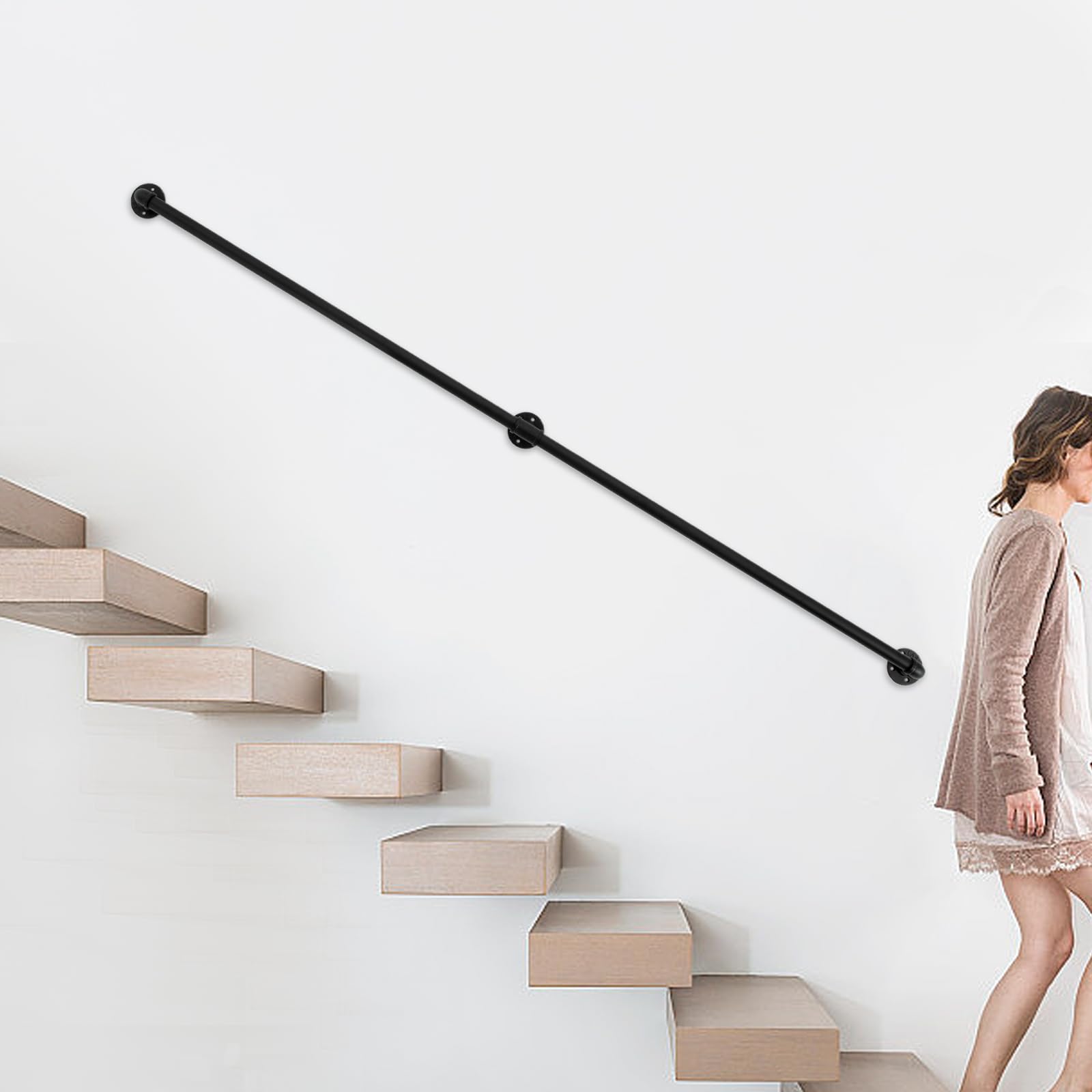 7FT Industrial Iron Stair Handrail - Heavy Duty Pipe Staircase Safety Rail with Wall Mount for Indoor & Outdoor Use | Perfect for Home, Office, Warehouse & Public Spaces