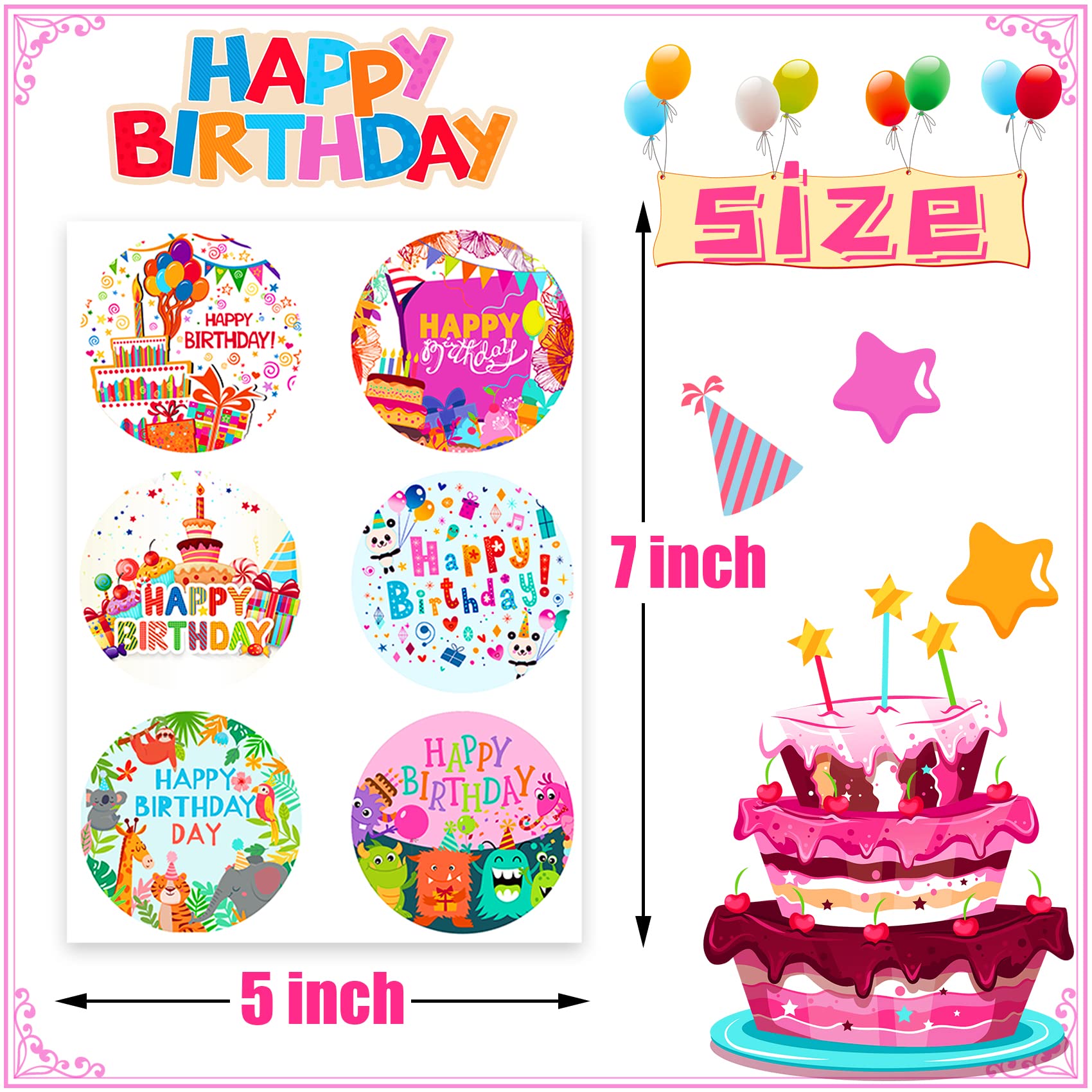 Happy Birthday Stickers for Kids - 24 Large Sheets with Fun Designs for Classroom, Envelopes, Cakes & Party Favors - Perfect for School Celebrations, Birthday Parties & DIY Crafts