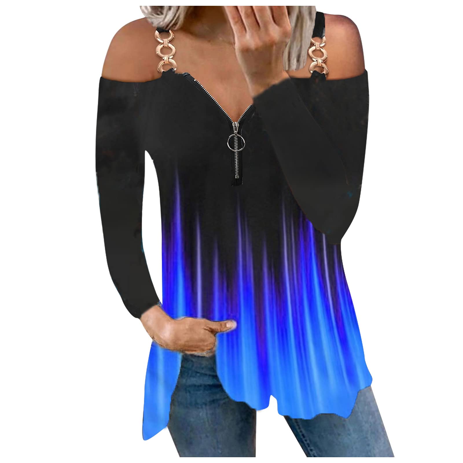 Plus Size Women's Long & Short Sleeve Blouses - Summer Casual V-Neck Tunic Tops in Blue | Trendy Fashion for Work & Weekend Outfits