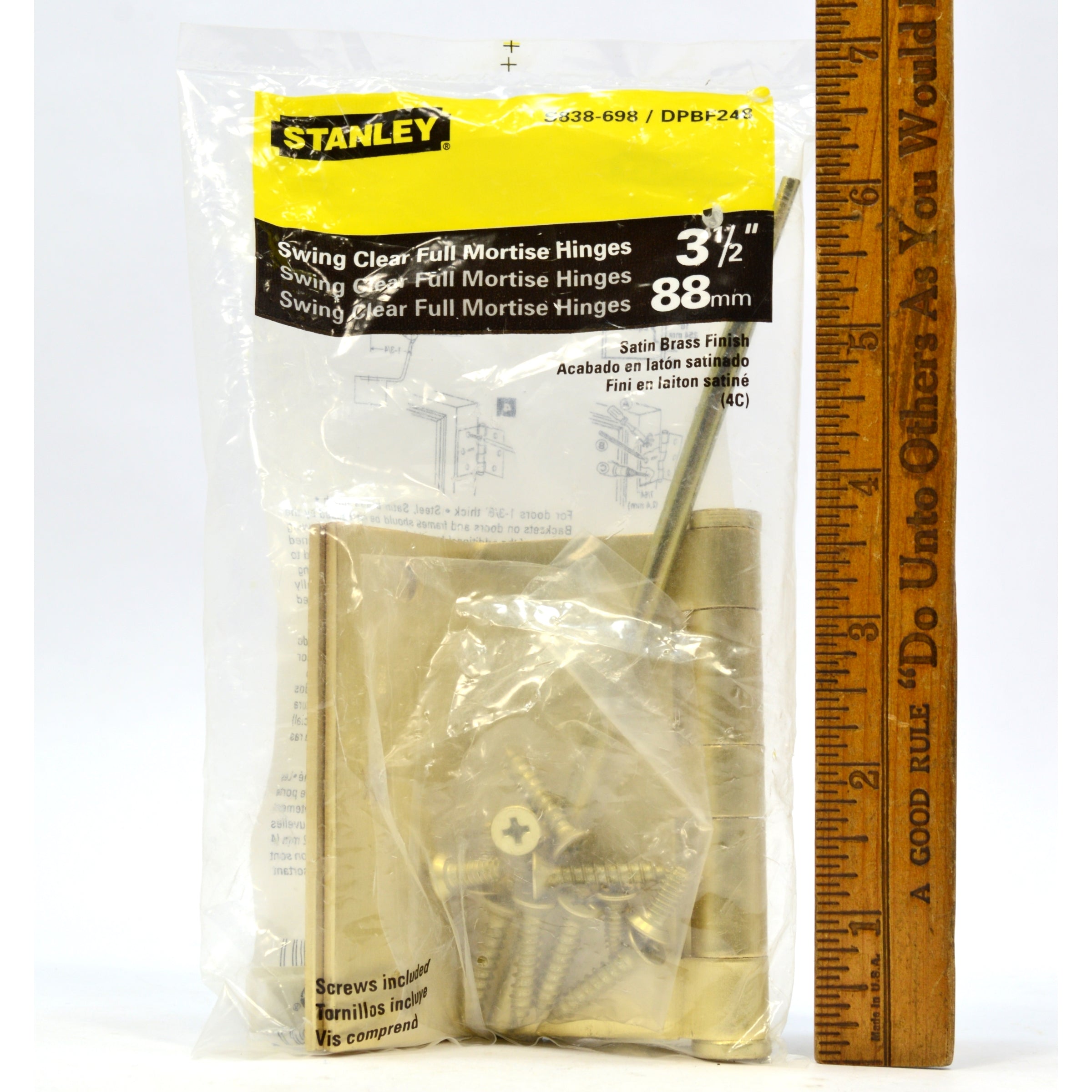 STANLEY S838 698/DPBF248 Full Mortise Swing Clear Hinges - Satin Brass Finish - Heavy Duty Door Hinges for Interior/Exterior Doors - Perfect for Homes, Offices & Commercial Buildings