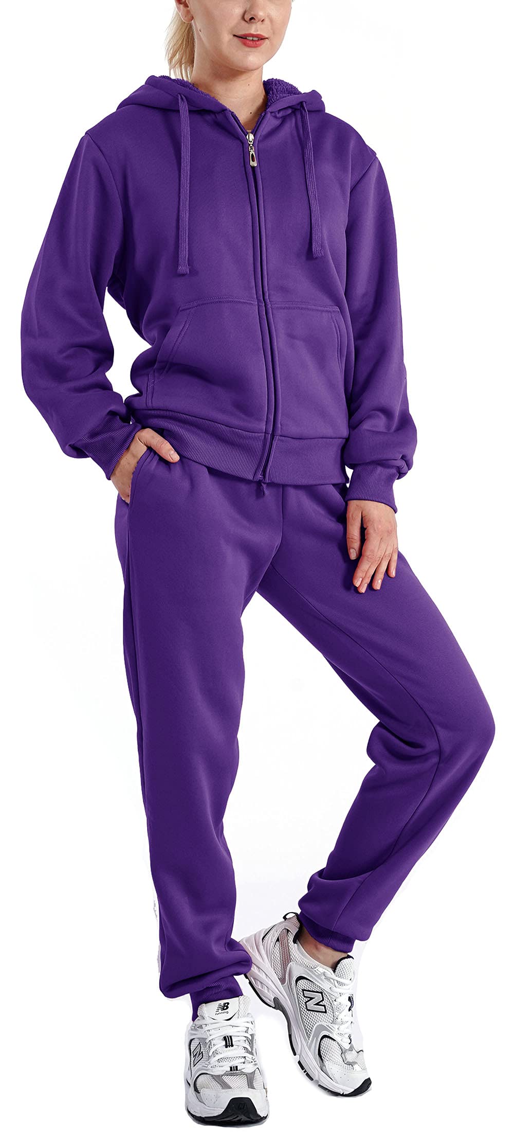 Women's Sherpa Lounge Set - Cozy Winter Jacket & Pants Outfit, Plus Size 2XL Purple Track Suit for Home Comfort, Streetwear & Casual Sports | Perfect for Lounging, Running Errands & Winter Relaxation