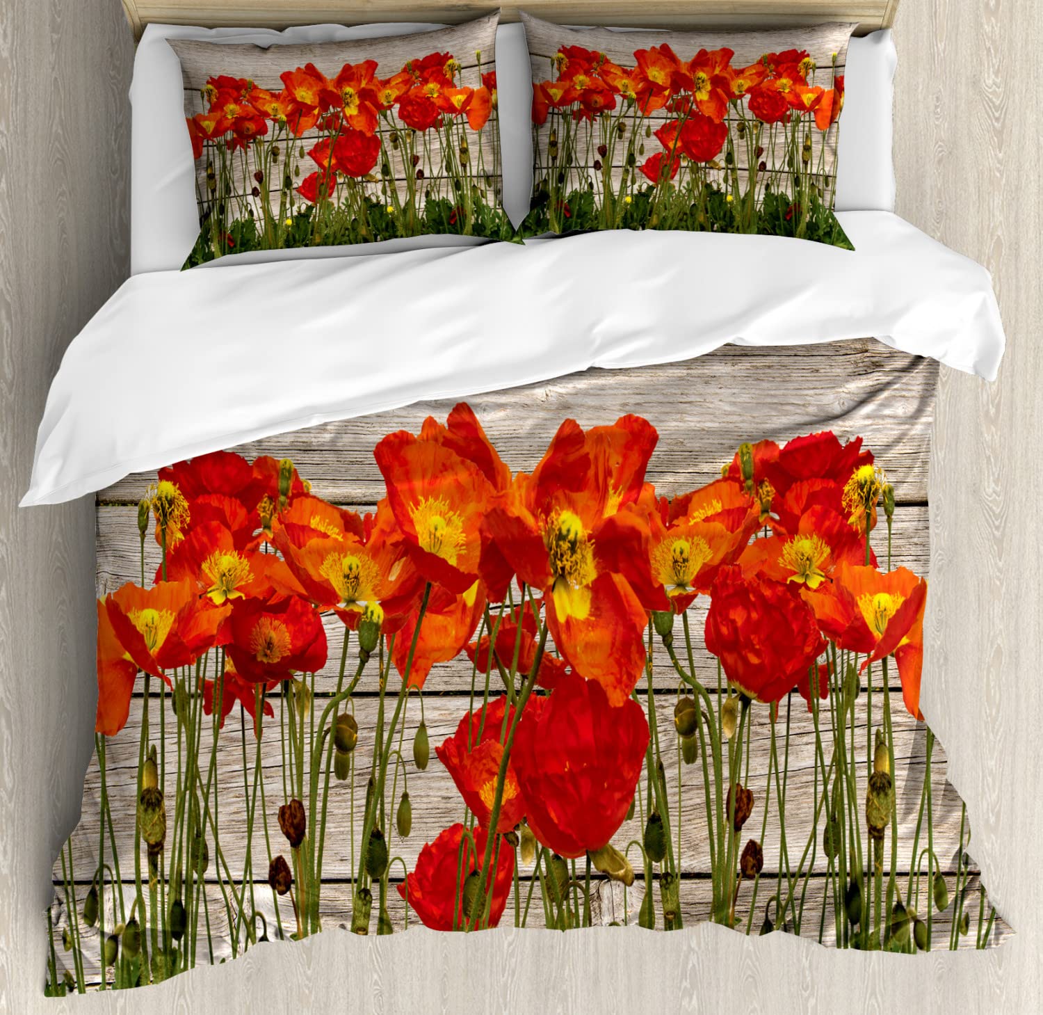 Ambesonne Rustic Duvet Cover Set - Twin Size 2-Pack with Floral Poppy Petals Design in Orange & Brown | Includes 2 Duvet Covers & 2 Pillowcases | Perfect for Summer Bedroom Decor, Farmhouse Style, and Cozy Guest Room Setup