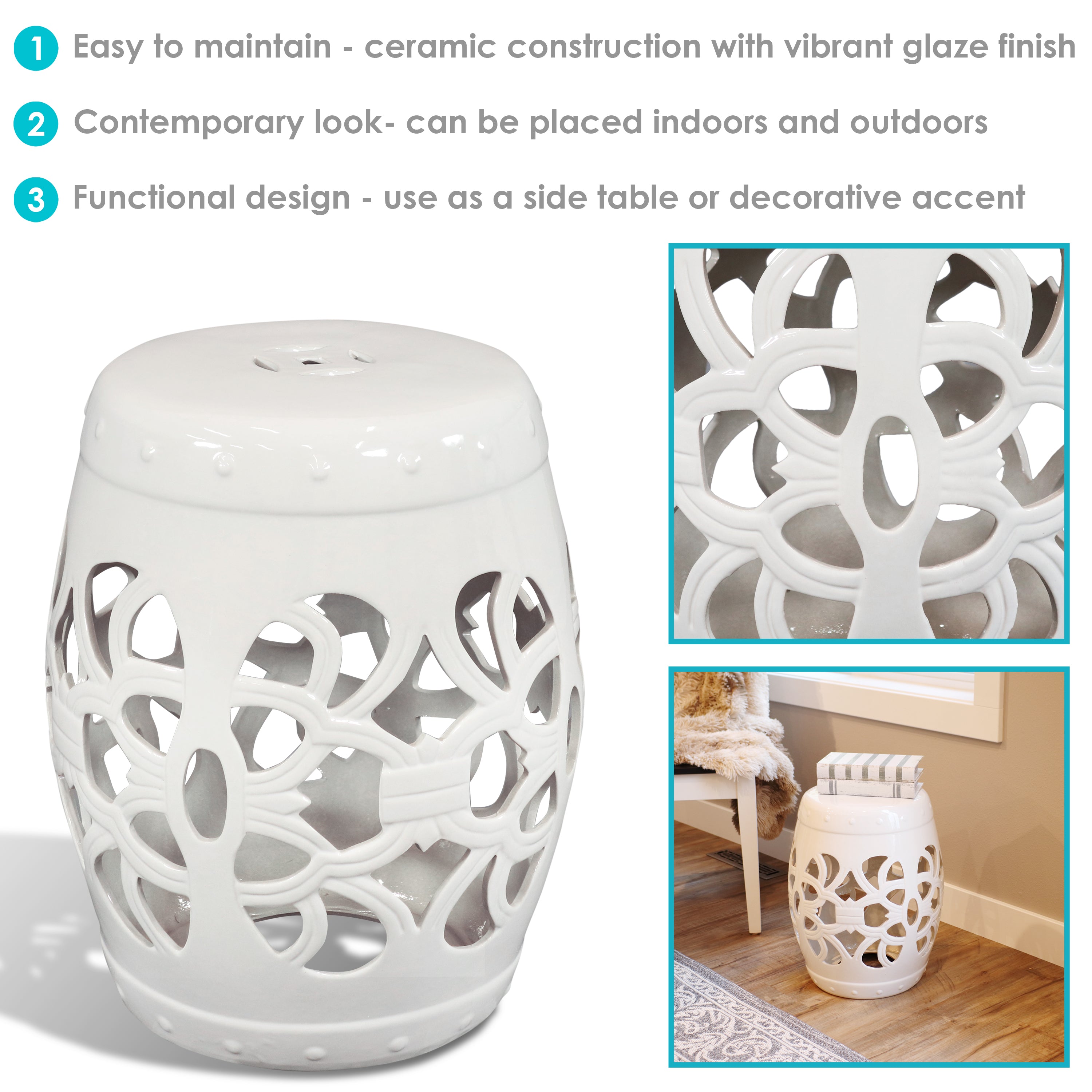 Sunnydaze Knotted Quatrefoil Ceramic Garden Stool - 18 Inch White Outdoor Side Table for Patio, Porch & Garden Decor