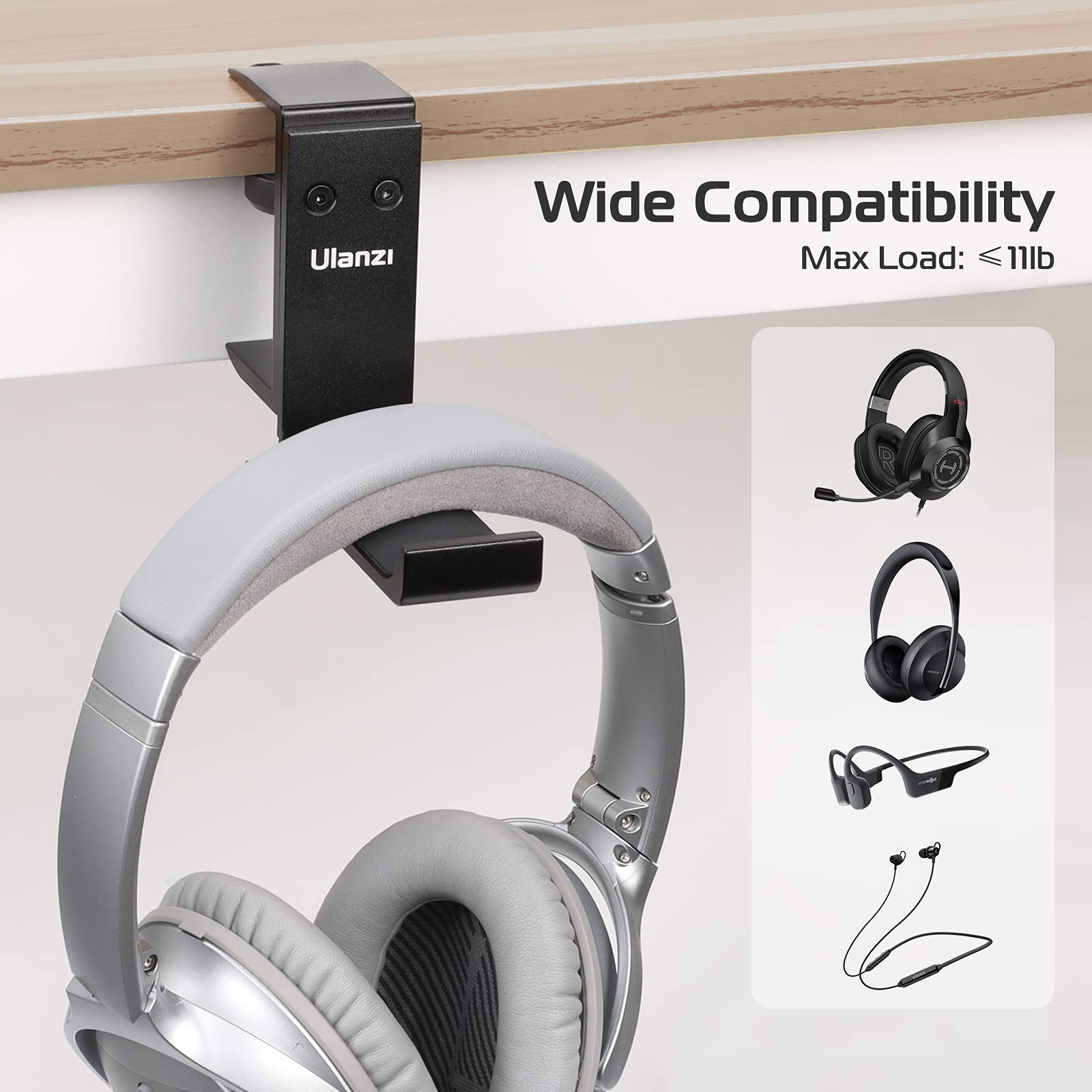 ULANZI Foldable Under Desk Headphone Stand - Aluminum Headset Hanger Mount with Non-Slip Silicone Pad, Space Saving Universal Hook for Gaming & Office Headsets - Perfect for PC, PS5, Xbox & Workstation Setup