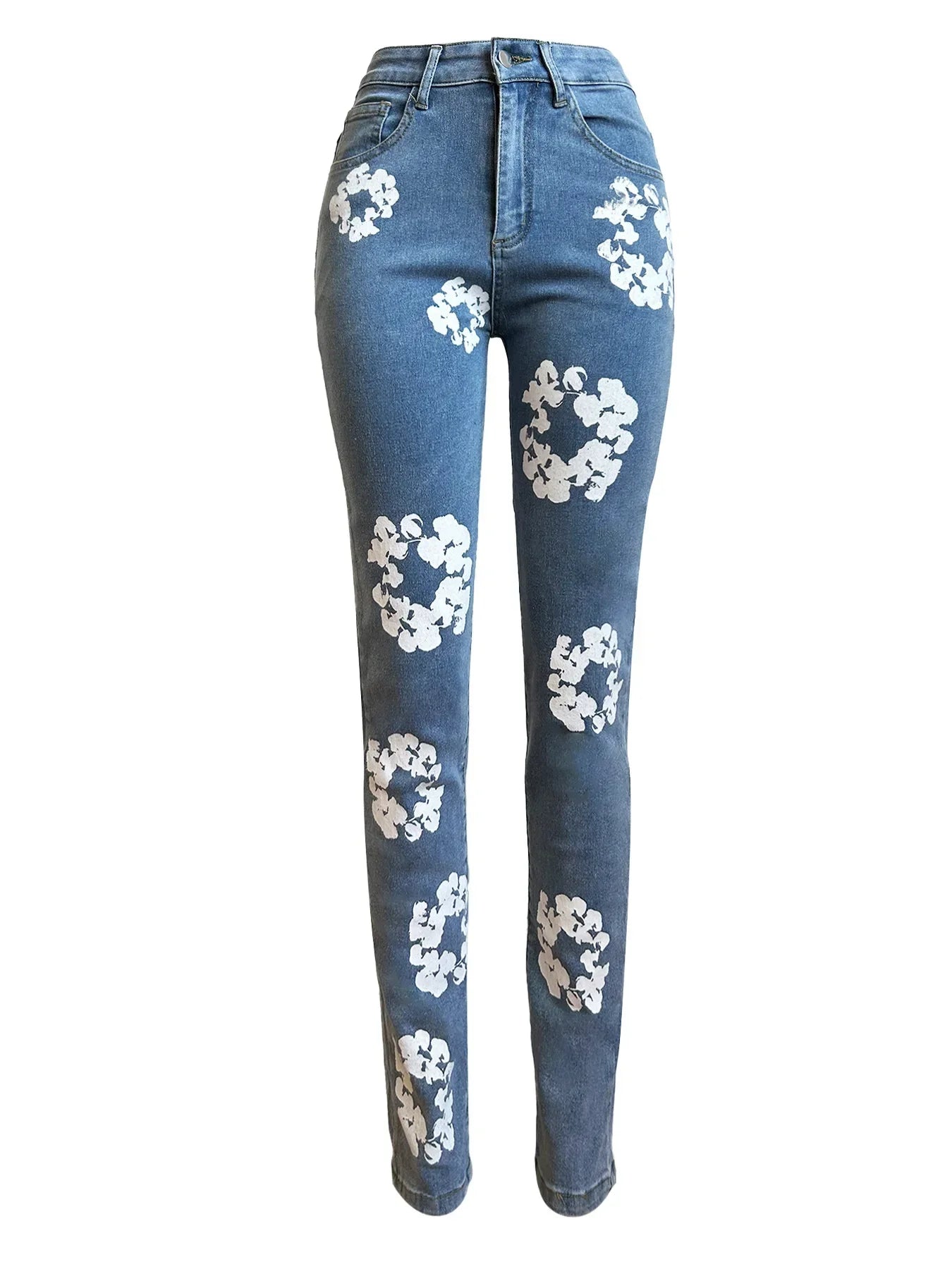 Floral Printed Women's High Waist Stretch Denim Jeans with Zipper Fly | Trendy Spring Fashion Pants for Casual Wear & Street Style