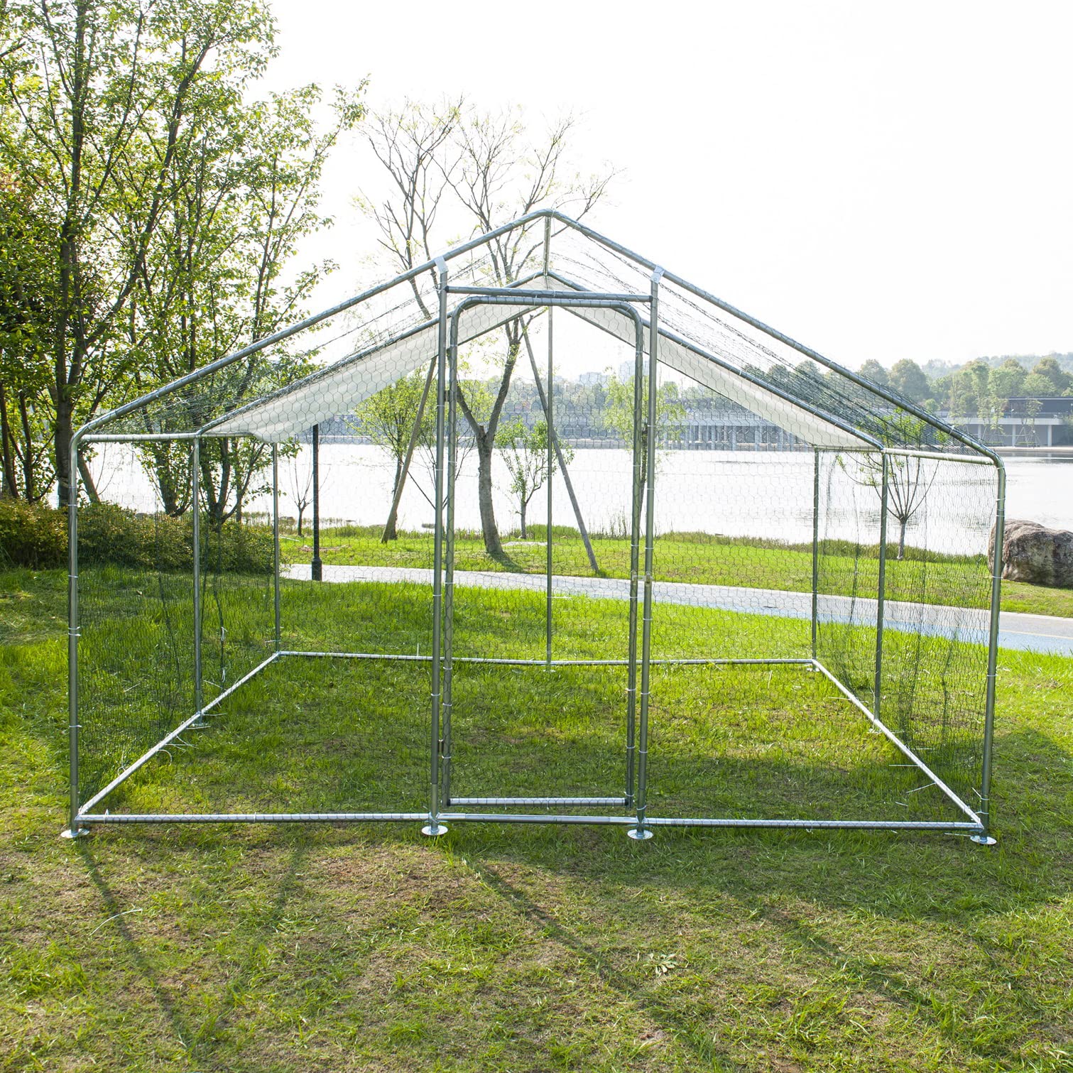 GojoOasis 10x10ft Walk-In Chicken Coop with Roof Cover - Large Metal Poultry Cage for Hens, Ducks & Birds - Outdoor Backyard Hen House (10'L x 10'W x 6.6'H) - Perfect for Free-Range Farming, Backyard Poultry Keeping & Pet Shelter
