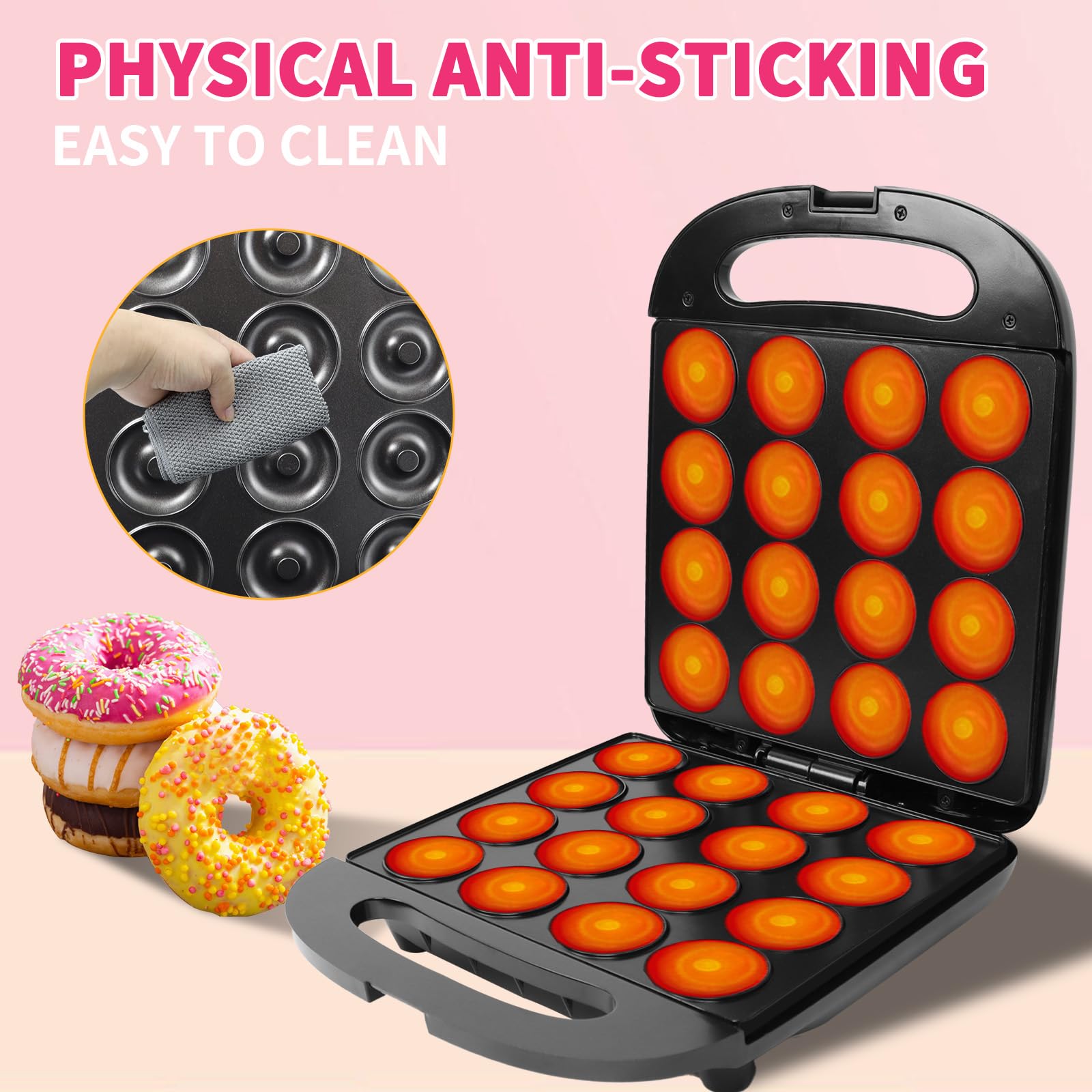 Mini Donut Maker Machine - 16 Mini Doughnuts & Pancakes Baker with Non-Stick Surface & Double-Sided Heating | Perfect for Breakfast, Snacks, Desserts, Parties & Kids Cooking Activities