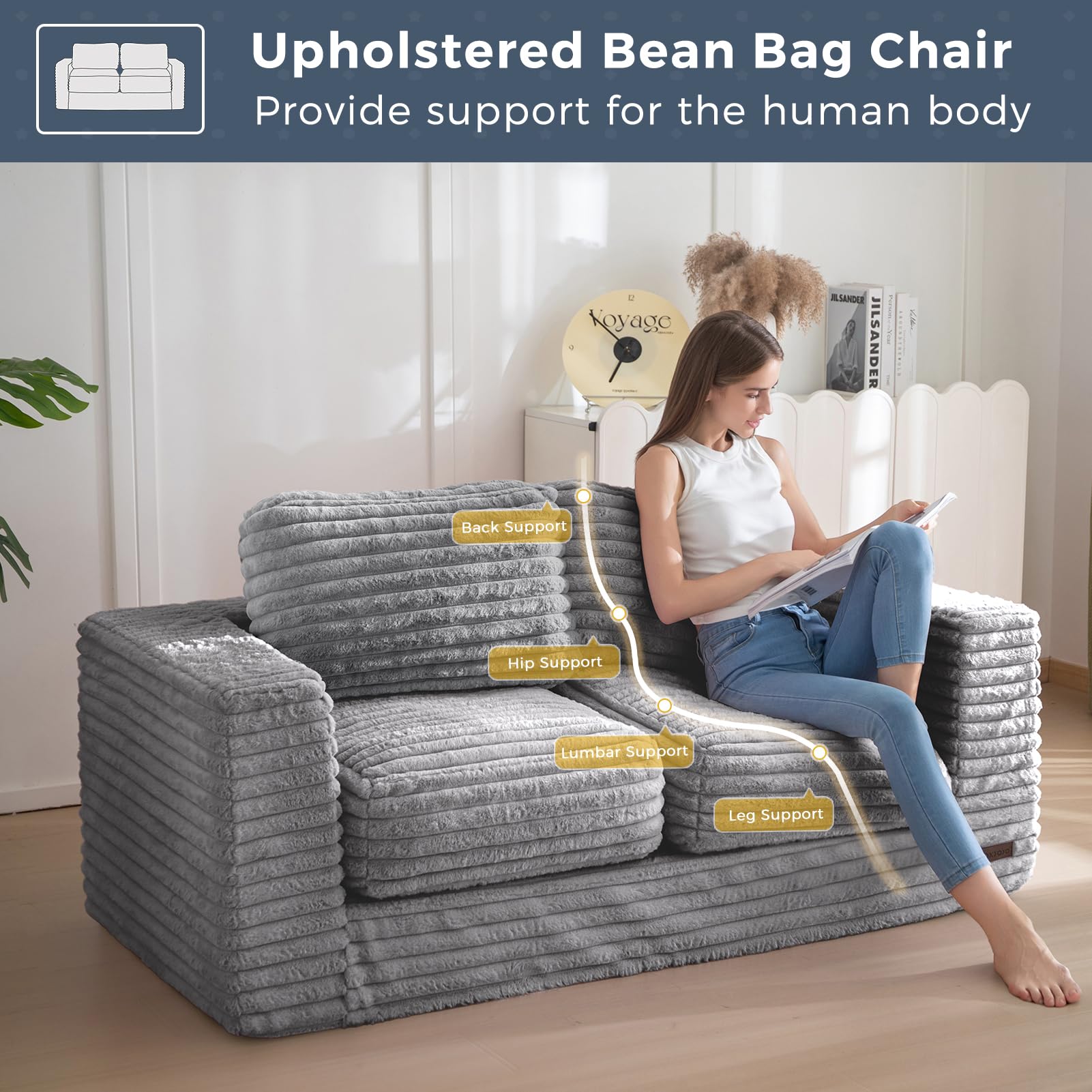 MAXYOYO Faux Fur Bean Bag Chair - 2-Seater Floor Sofa with Pillows & Armrests, Grey Striped Design for Living Room, Bedroom or Game Room Relaxation