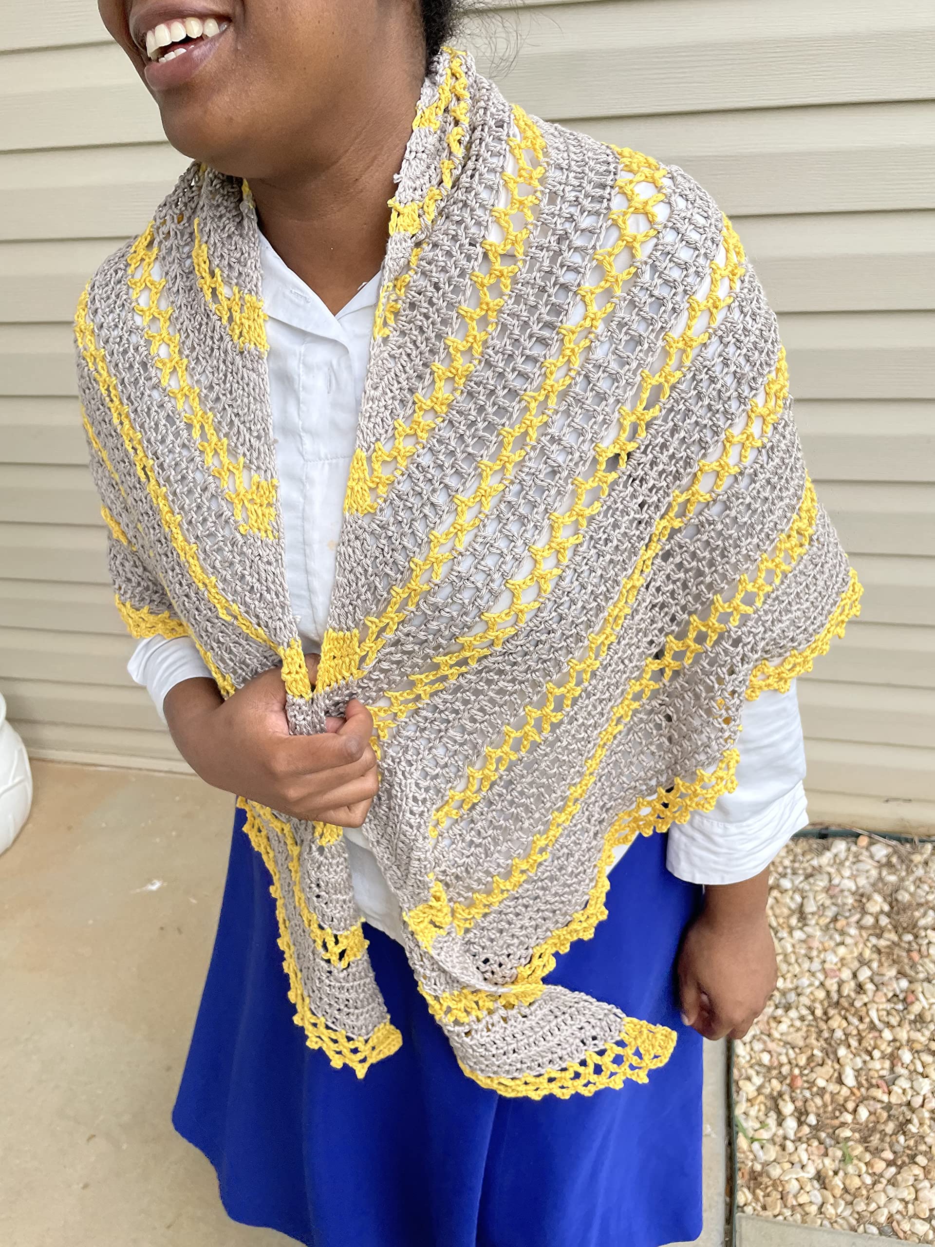 Gray and Yellow Striped Lacy Crochet Shawl - Large Triangle Wrap Scarf with Mesh Lace Design, 100% Pure Cotton - Perfect for Beach Cover-Up, Boho Fashion & Evening Events