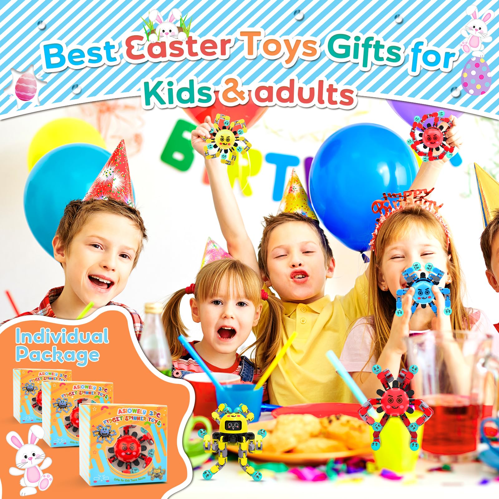 3-Pack Transformable Fidget Spinner Toys for Kids & Adults - Stress Relief Sensory Toys for Autism, ADHD & Anxiety - Perfect Easter Basket Stuffers, Birthday Gifts for Boys & Girls - Travel Games & Classroom Focus Tools