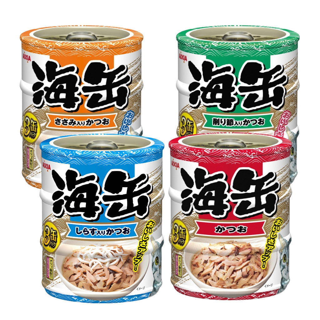 Aixia Umi Can Mini 60g x 3 Cans Skipjack Tuna & Whitebait Cat Food with Chicken Fillet & Dried Skipjack Flakes in Jelly - Delicious Wet Food for Adult Cats, Kittens, and Senior Cats - Perfect for Mealtime, Treats, or Mixing with Dry Food