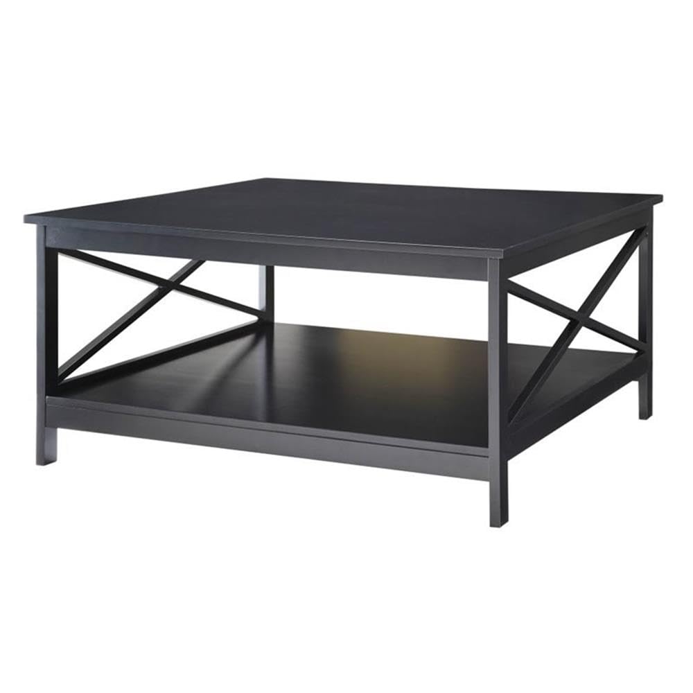 Pemberly Row 36 Inch Black Wooden Square Coffee Table with Storage Shelf | Modern Living Room Furniture for Small Spaces, Home Decor & Entertainment Areas