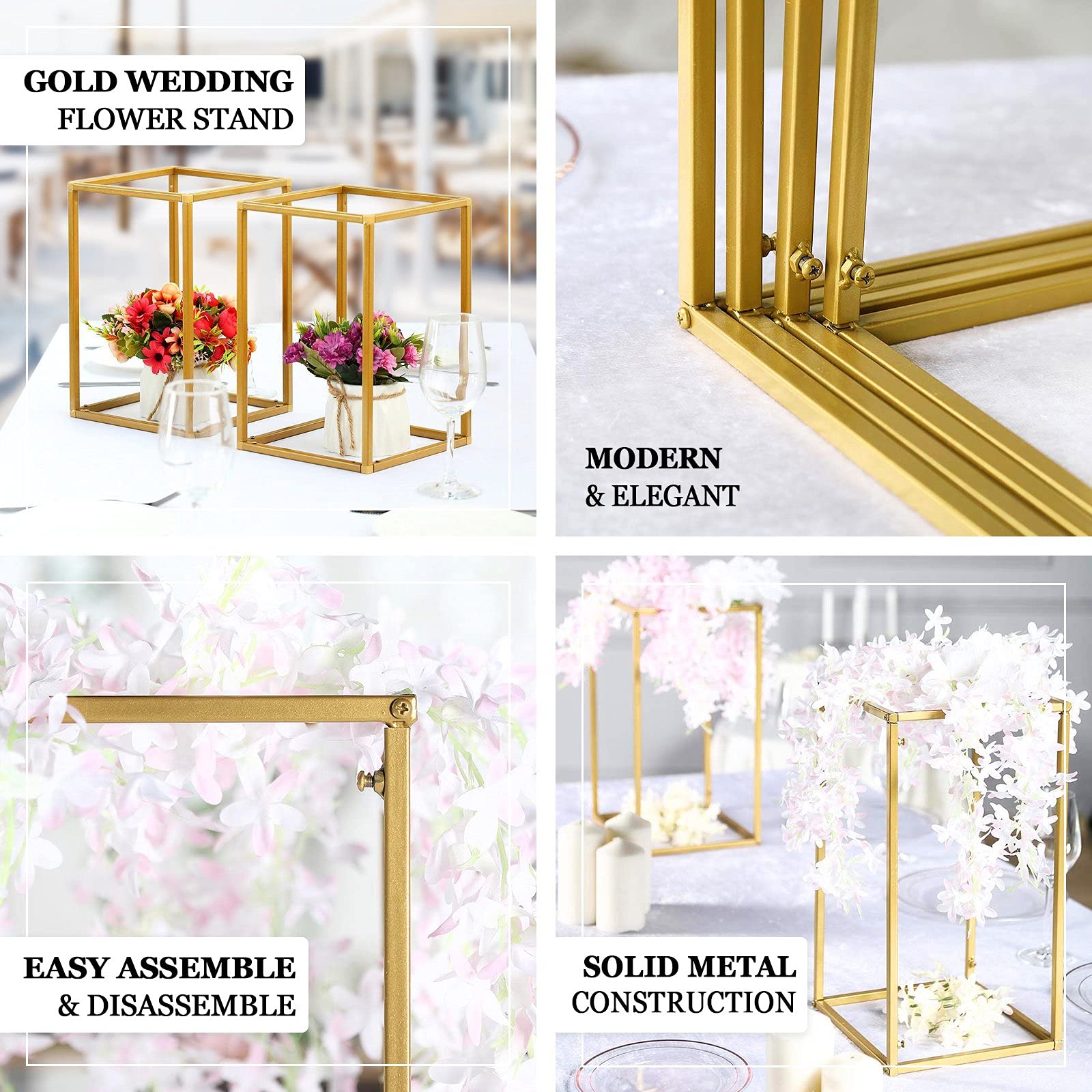 2-Pack Gold Wedding Flower Stand - 48 Inch Metal Vase Column Stand with Geometric Design for Floral Arrangements - Elegant Floor Vase & Rectangle Centerpiece for Weddings, Parties, Home Decor and Events