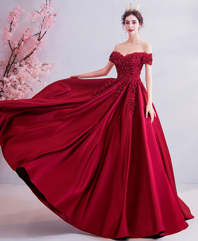 Elegant Burgundy Off-Shoulder Lace Satin Long Prom Dress for Women - Perfect for Evening Gowns, Homecoming, Formal Parties & Special Occasions