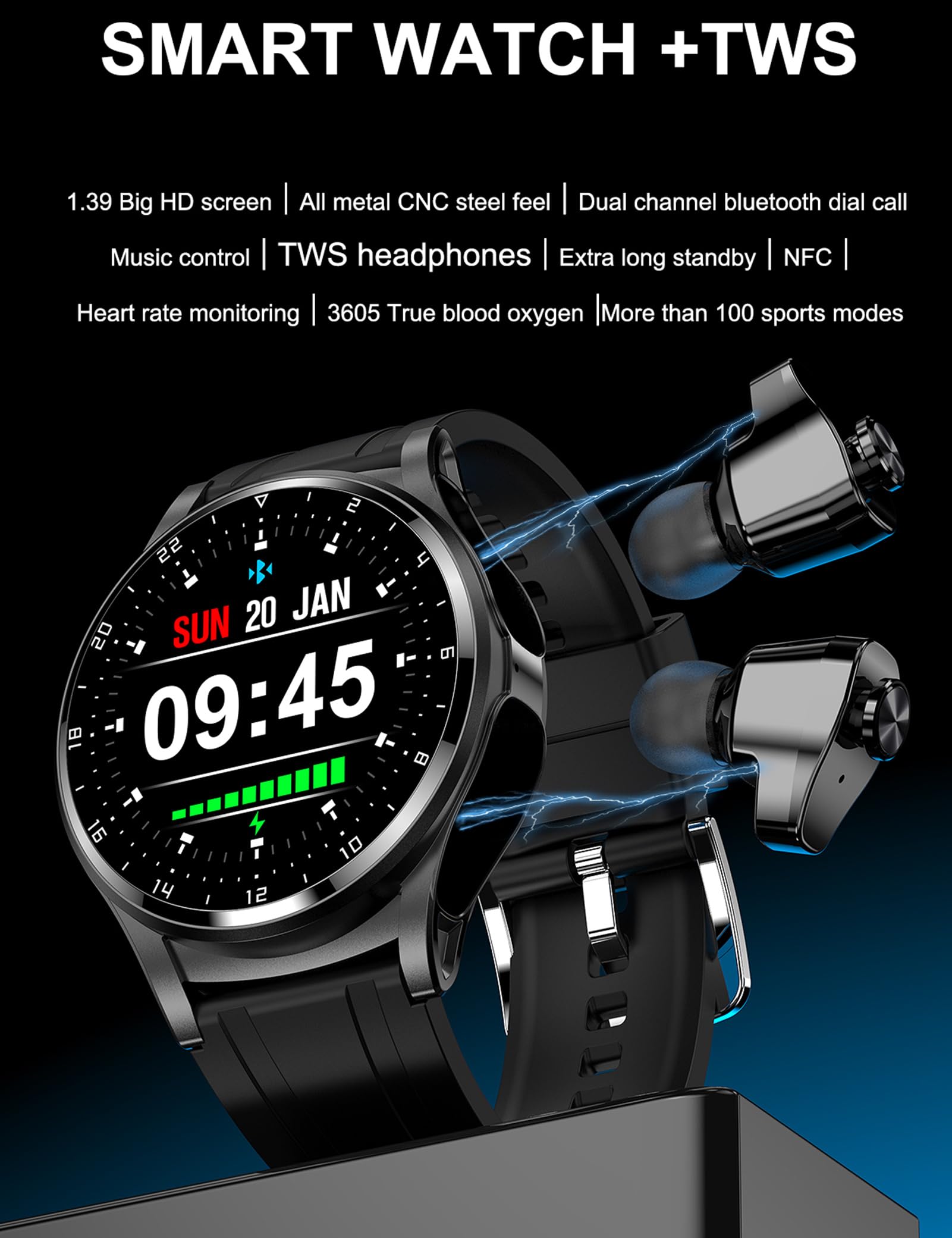 Smart Watch with Wireless Earbuds - Bluetooth Fitness Tracker for Men & Women, Ultra-Thin Metal Body, 9D HD Sound, Heart Rate Monitor, Step Counter - Compatible with Android & iOS Phones - Perfect for Workouts, Running & Daily Use