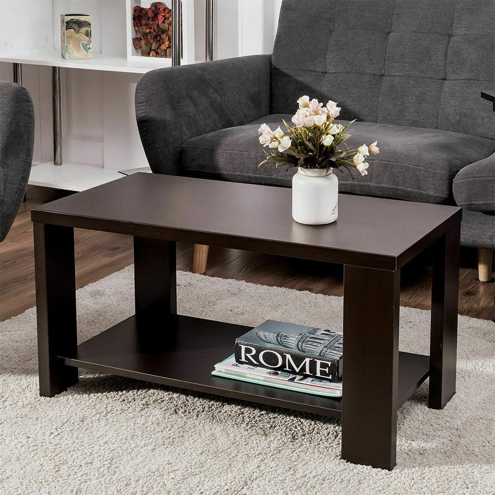 Dark Brown Coffee Wood Rectangular Cocktail Table with Storage Shelf - 31.5