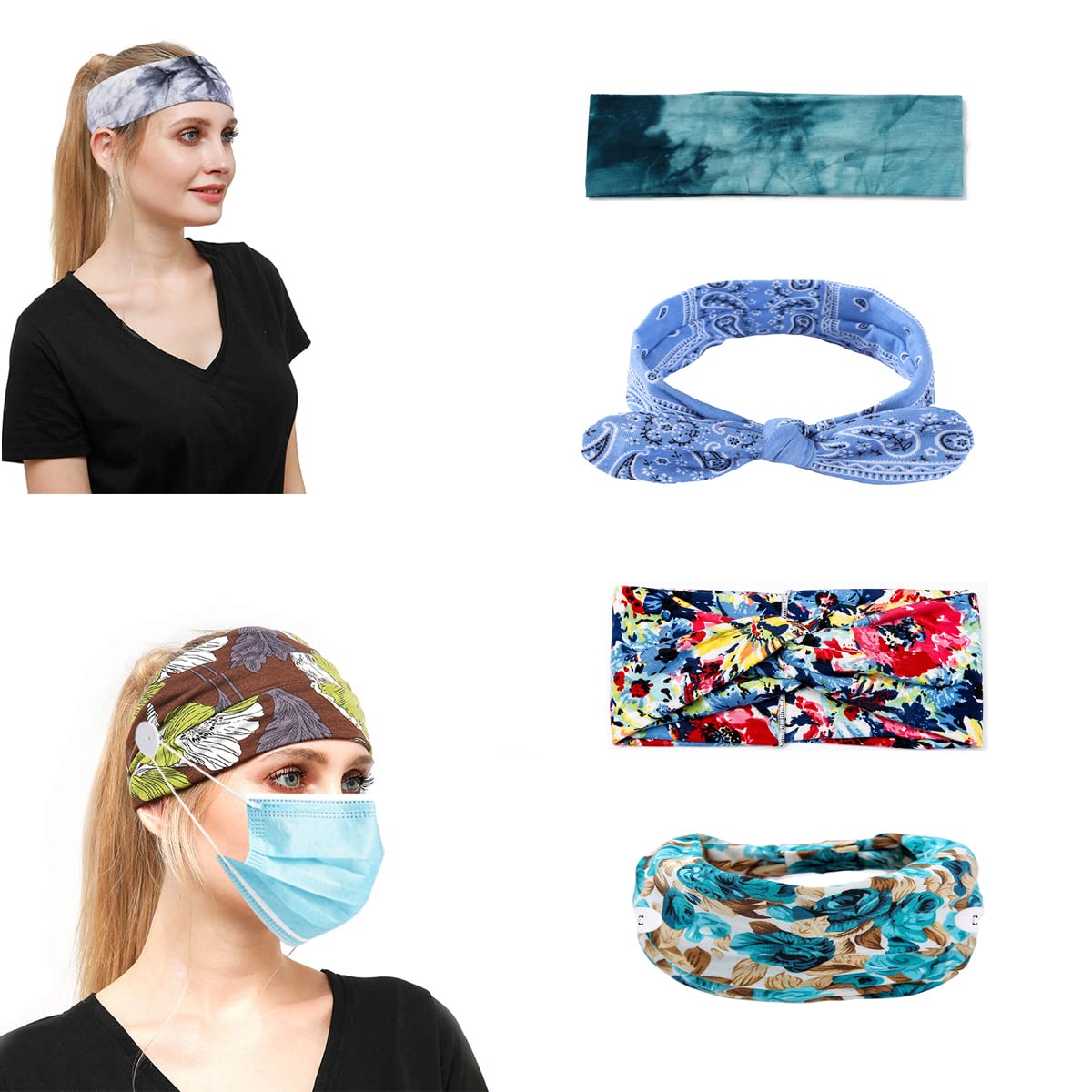 4 Pack Women's Tie Dye Headbands with Button for Masks - Non-Slip Elastic Hair Bands for Workout, Yoga, Running & Makeup - Perfect for Gym, Sports & Daily Use