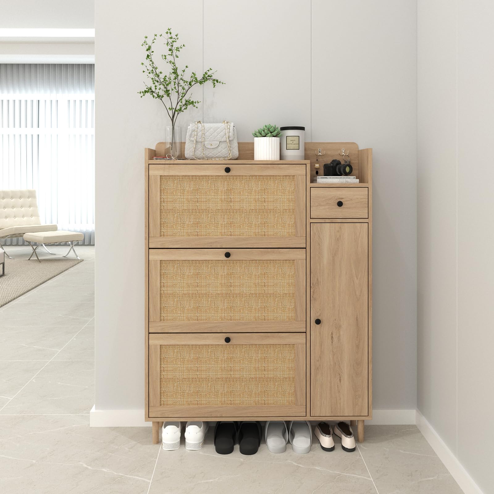 Bonzy Home 3-Tier Rattan Shoe Cabinet - Narrow Freestanding Shoe Rack Organizer with Flip Drawers, Boot Storage & Small Drawer - Perfect for Entryway, Closet & Small Space Organization
