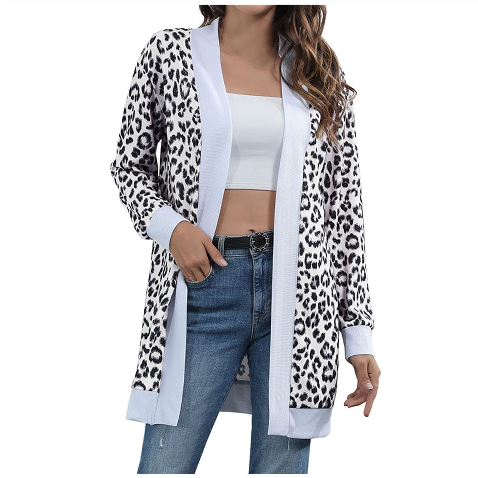 Women's Casual Long Sleeve Leopard Print Open Stitch Cardigan Sweater - Cozy Fall Winter Layering Top for Work, Date Night & Outdoor Activities
