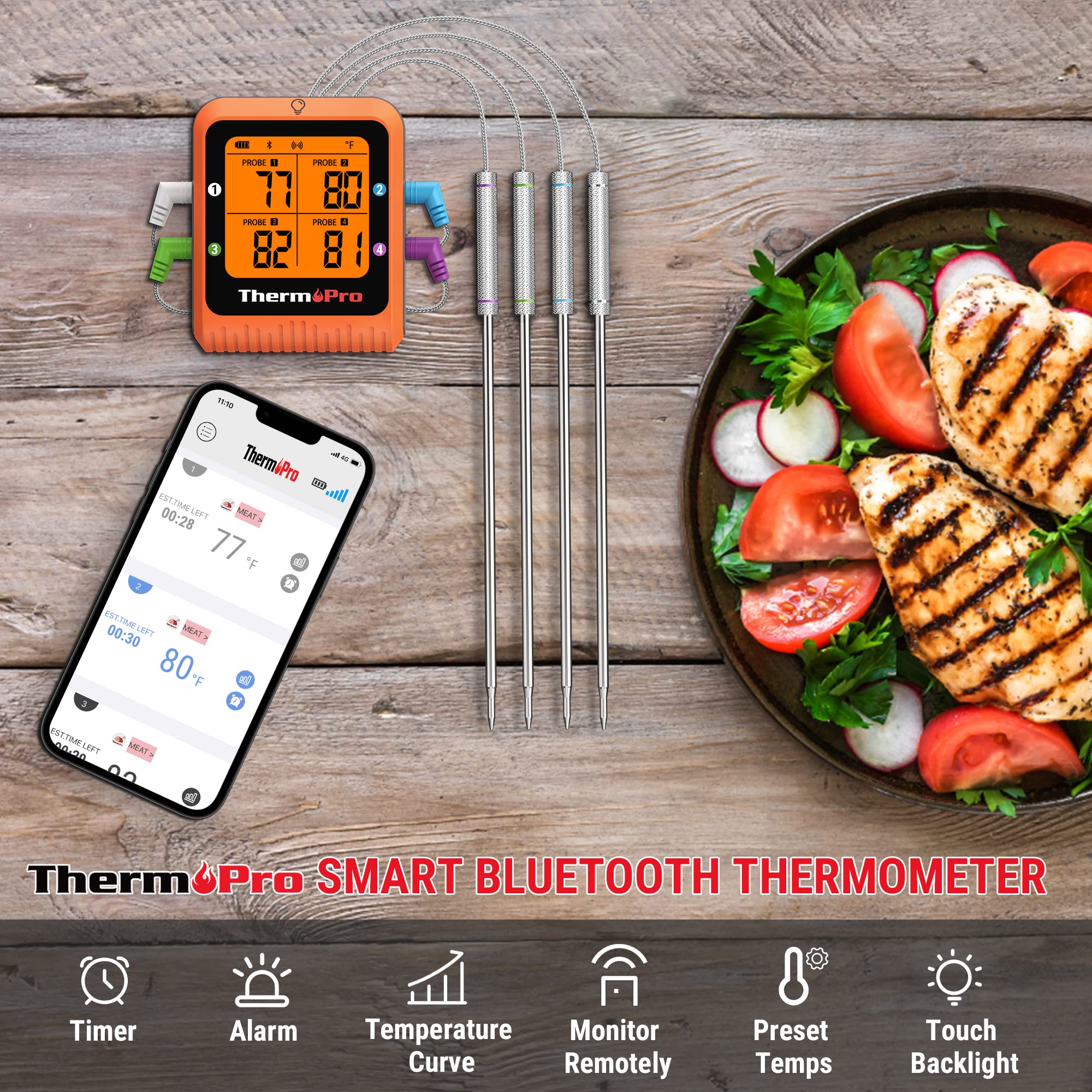 ThermoPro 650 ft Bluetooth Meat Thermometer with 4 Color-Coded Probes - Wireless Digital Cooking Thermometer with Timer & Rechargeable Battery - Perfect for Smoker, Oven, Grill, BBQ, and Commercial Kitchen Use