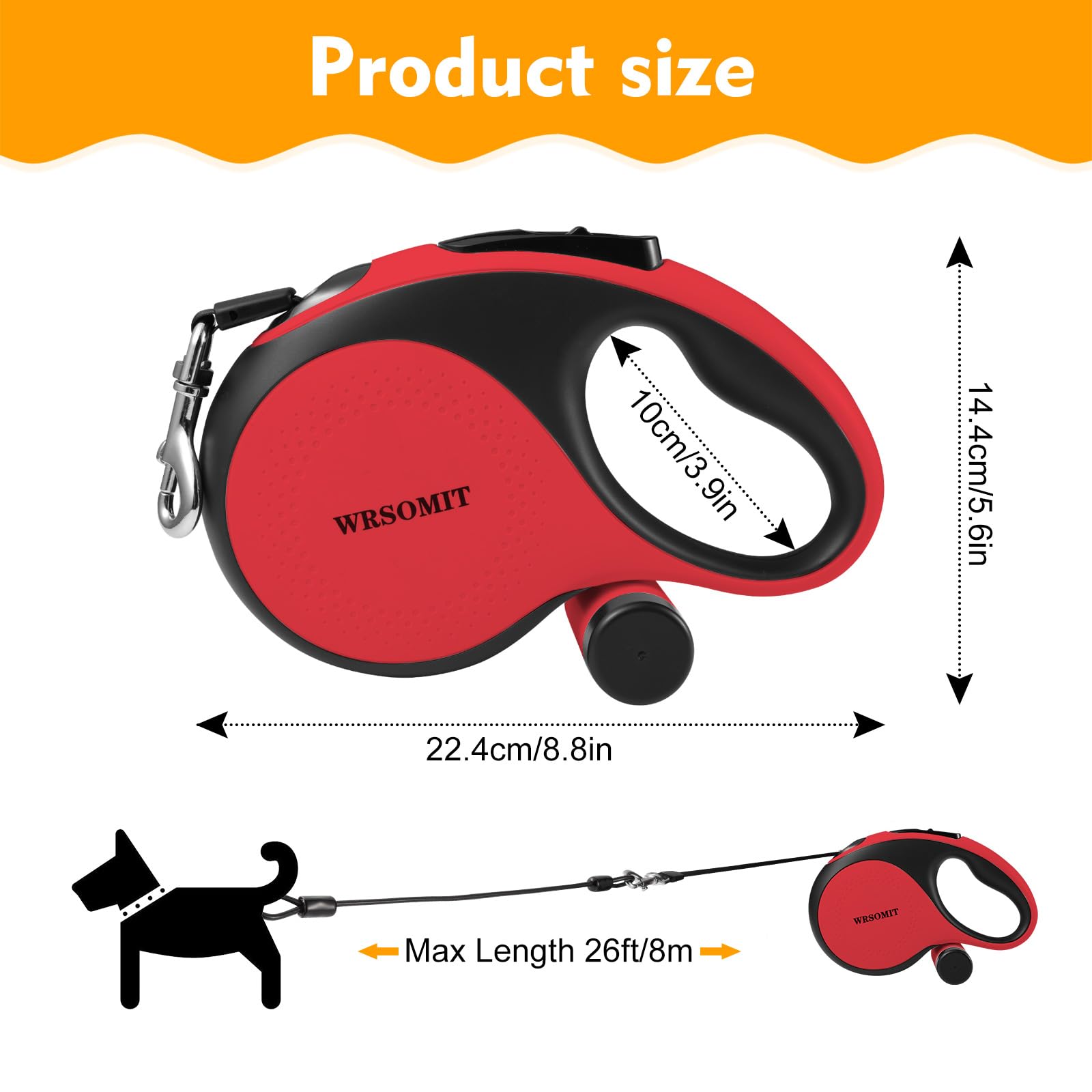 26Ft Retractable Dog Leash with Chew Proof Cable - Heavy Duty No Tangle Leash for Small Medium Large Dogs up to 110lbs - 360° Swivel & One-Handed Brake System (Red) - Perfect for Walking, Jogging, Training and Outdoor Adventures with Your Pet