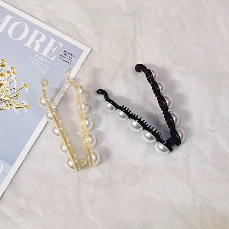 2 PCS Pearl Hair Clips - Banana Clips & Ponytail Holders for Women & Girls | Rhinestone Barrettes for Thick & Fine Hair | Elegant French Hair Accessories for Weddings, Parties & Daily Use