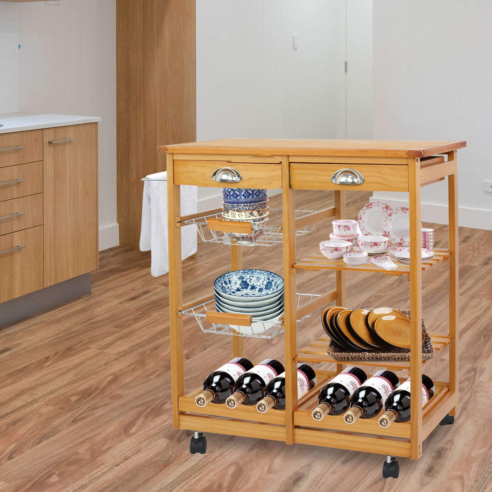 HomGarden Wooden Rolling Kitchen Storage Cart with Drawer, Shelves & Basket - Mobile Dining Island Trolley, Countertop Stand & Microwave Cart for Small Spaces | Perfect for Kitchen Organization, Pantry Storage & Dining Room Serving