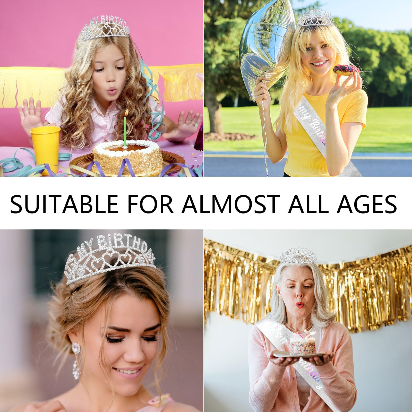 Birthday Sash & Rhinestone Tiara Set for Women - Silver Glam Birthday Crown & Decorations - Perfect for Birthday Parties, Bachelorette, and Special Celebrations