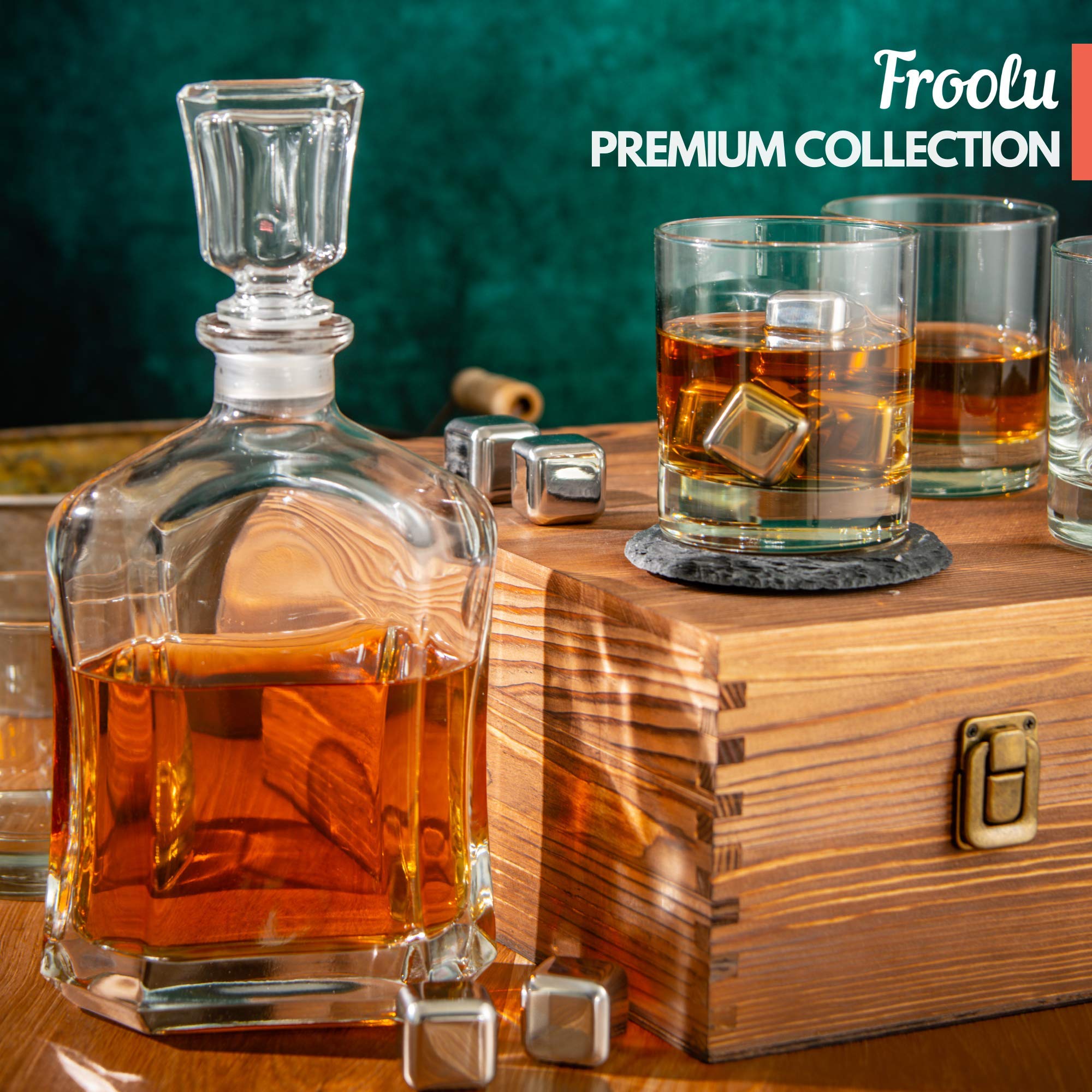 Premium Whiskey Decanter Set with 4 Scotch Glasses & Accessories - Elegant Wooden Gift Box for Men, Husband, Dad - Perfect for Home Bar, Anniversary, Birthday & Holiday Gifts - Whiskey Lover's Essential for Chilling & Serving Bourbon, Scotch & Liquor
