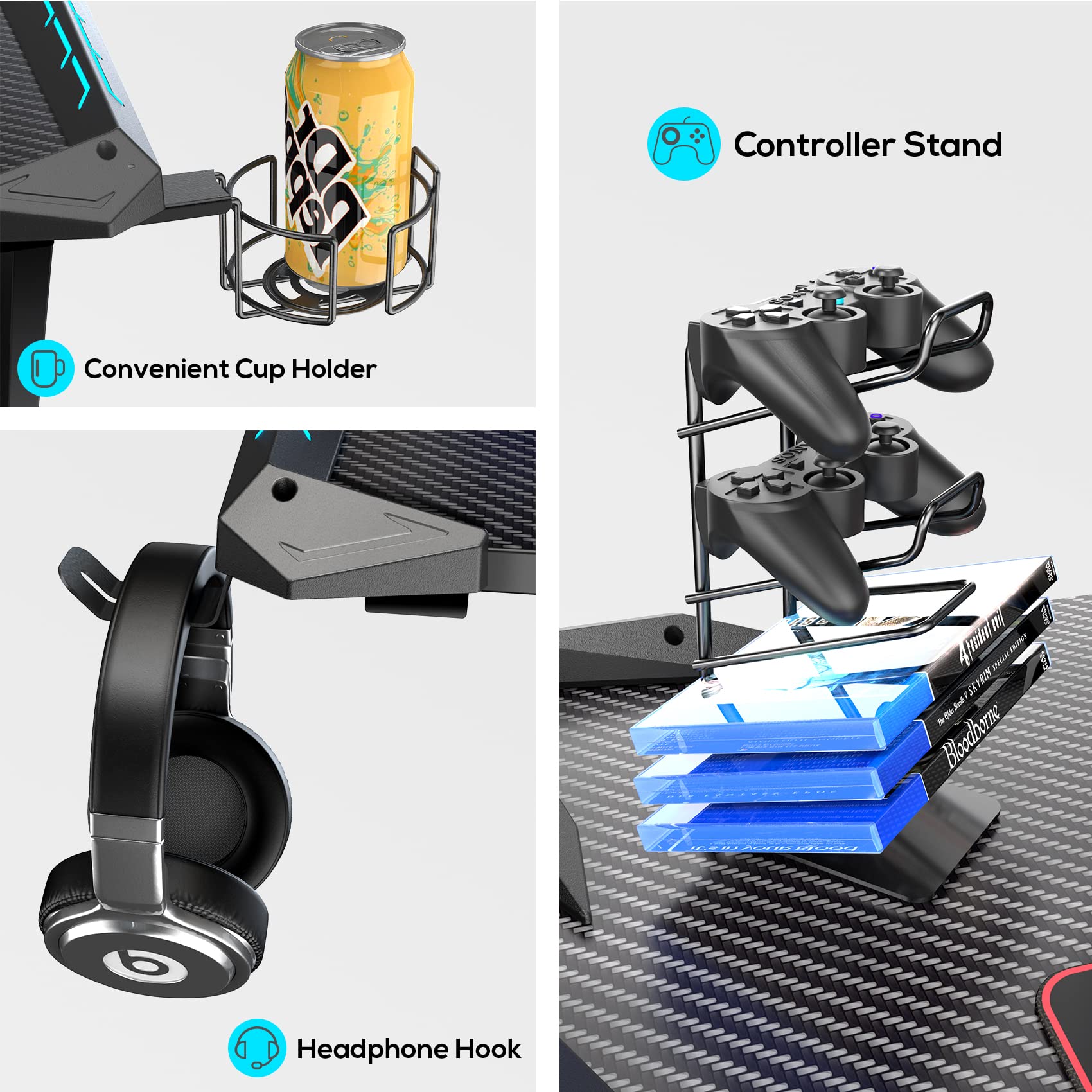 EUREKA ERGONOMIC 45 Inch RGB LED Gaming Desk - Ergonomic Computer Desk with Free Mouse Pad, Controller Stand, Cup Holder & Headphone Hook - Perfect for PC Gaming, Streaming & Home Office Workstation (Black)