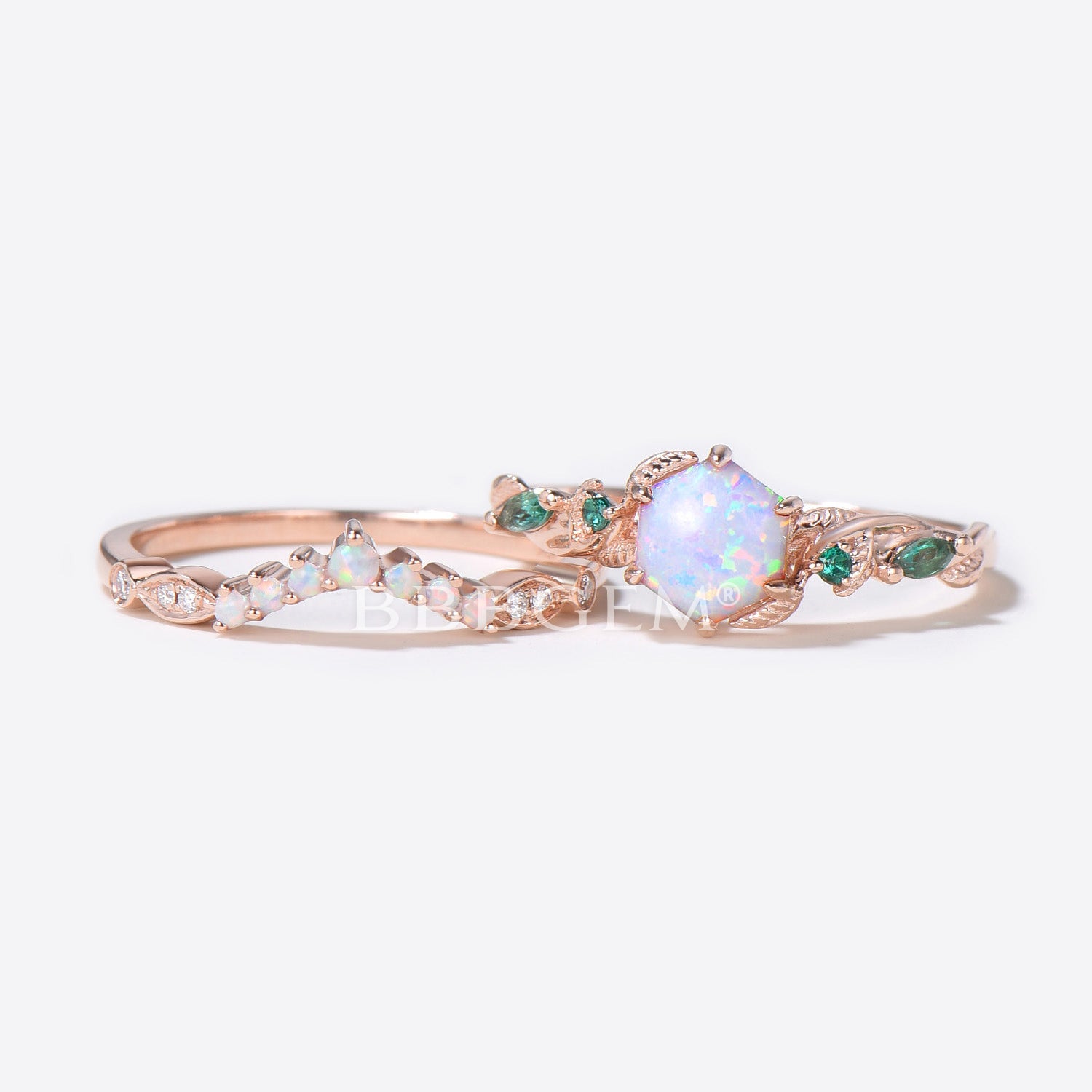 10K Rose Gold Hexagon Cut White Opal Engagement Ring Set - Nature Inspired Leaf Vine Bridal Ring with October Birthstone | Perfect for Weddings, Anniversaries & Nature-Themed Jewelry Lovers