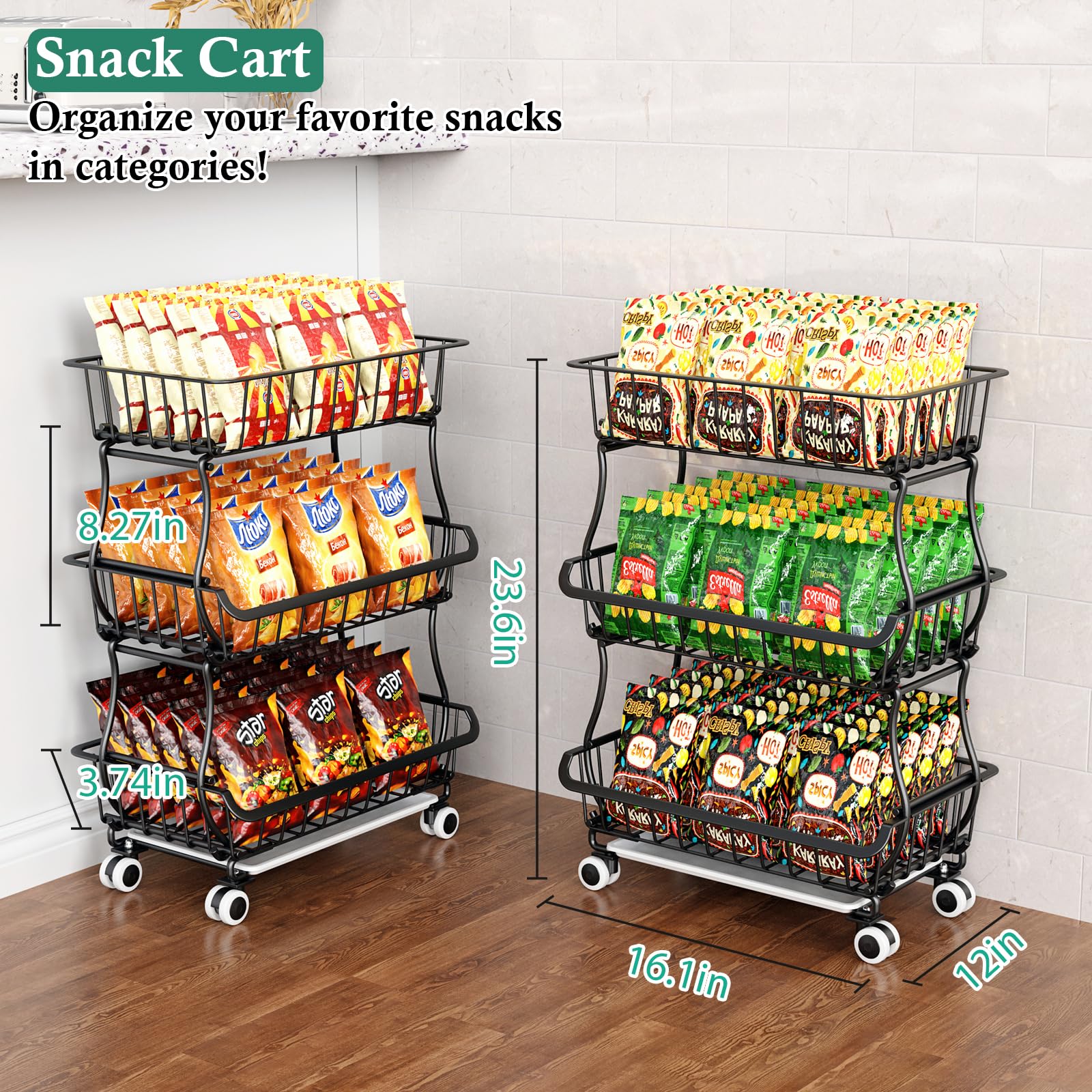 3-Tier Rolling Pantry Cart with Wheels - Stackable Wire Storage Organizer for Kitchen, Pantry Shelves, Fruits, Snacks, Onions & Potatoes - Perfect for Small Spaces, Home Organization & Easy Access to Essentials