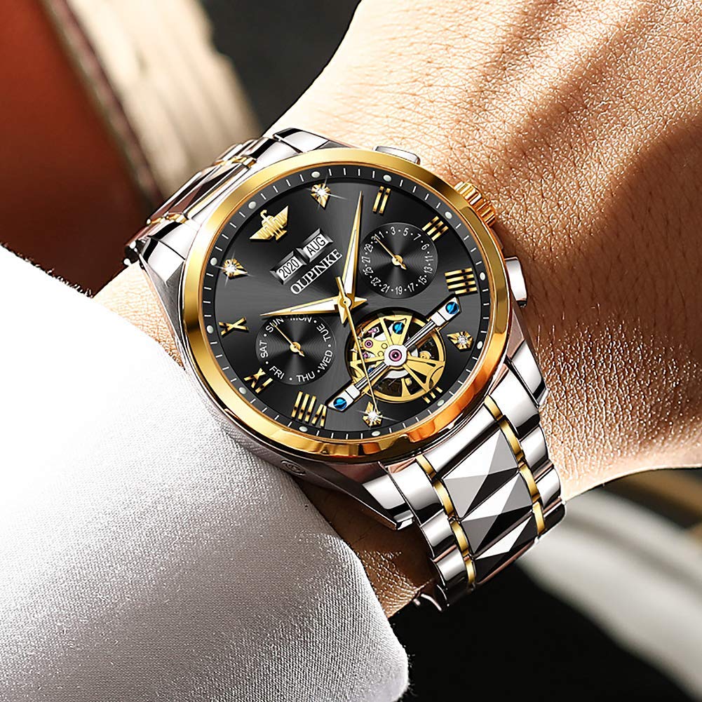 Premium OU PINKE Men's Automatic Watch - Diamond Skeleton Mechanical Self-Winding Luxury Dress Watch with Sapphire Crystal & Tungsten Case - Perfect for Business, Formal Events & Gifts