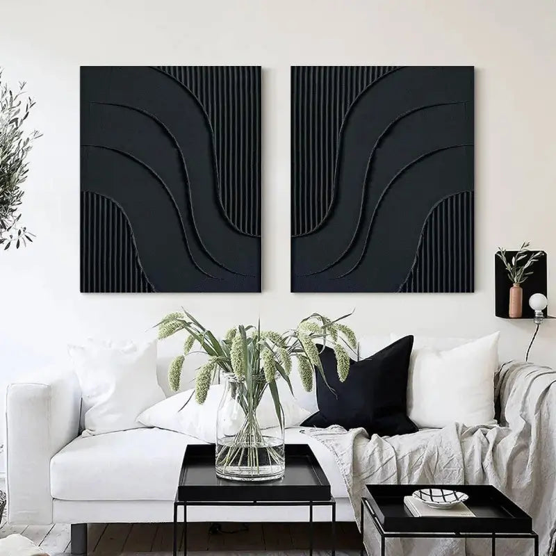 Modern Black Plaster Art Textured Paintings - Set of 2 Minimalist Wall Decor for Living Room, Bedroom & Office | Abstract Home Artwork #MZ027