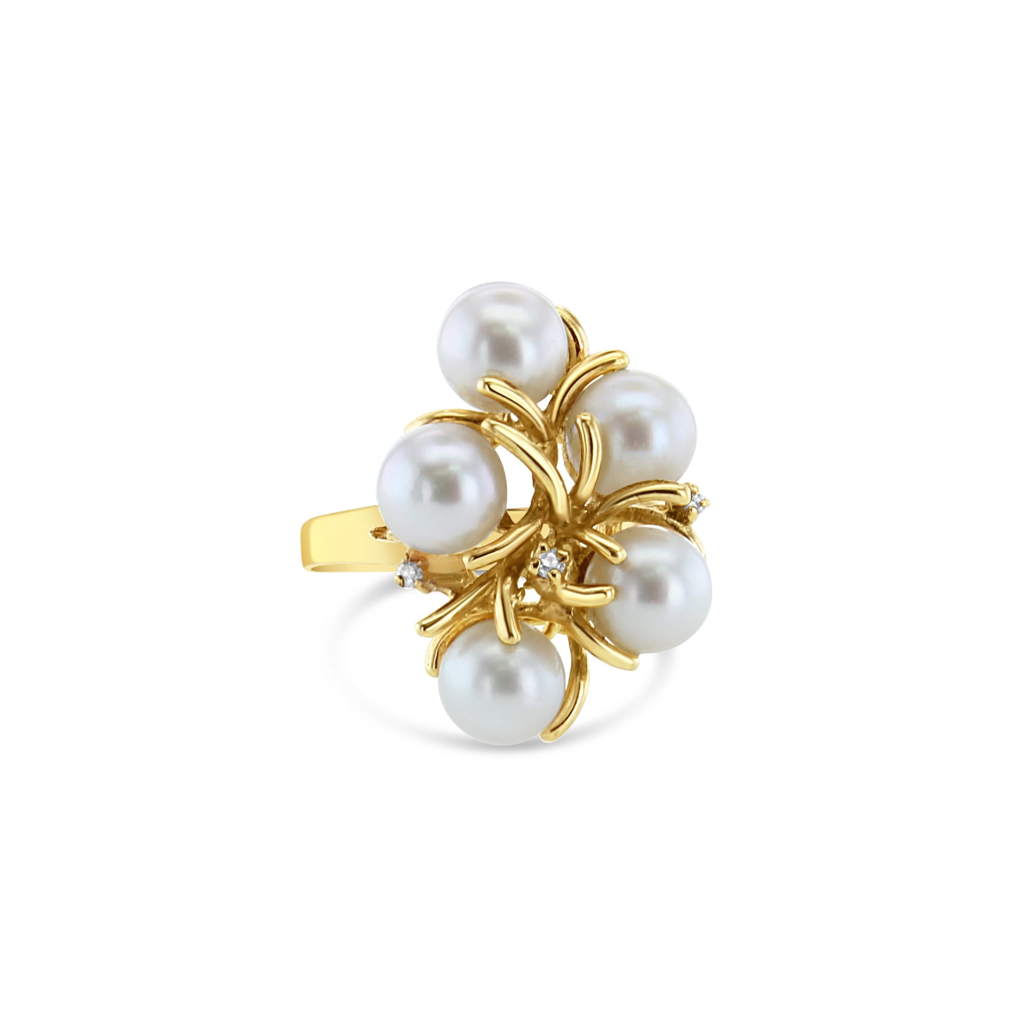 14K Yellow Gold Pearl Cluster Ring with Diamond Accents - Elegant Bridal Jewelry, Anniversary Gift & Special Occasion Statement Piece