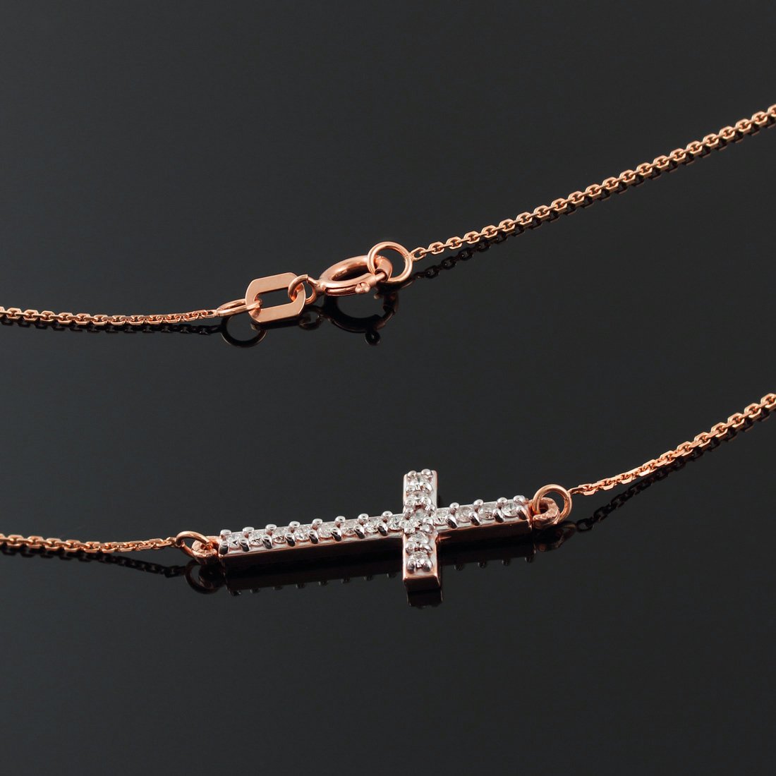 14K Rose Gold Diamond Sideways Cross Pendant Necklace for Women - Elegant Layering Jewelry for Everyday Wear, Gift for Her