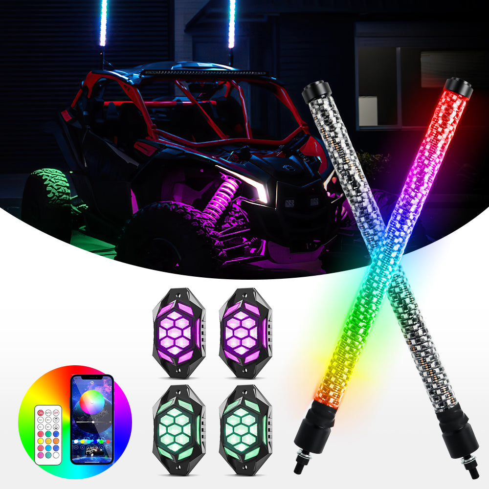 LOYO 2Pcs 24-Inch LED Whip Lights & 4 Pod Rock Lights Kit - Bluetooth & Remote Control for Off-Road Trucks, ATVs, UTVs - Waterproof Underglow Lighting for Night Riding, Car Shows, Trail Adventures
