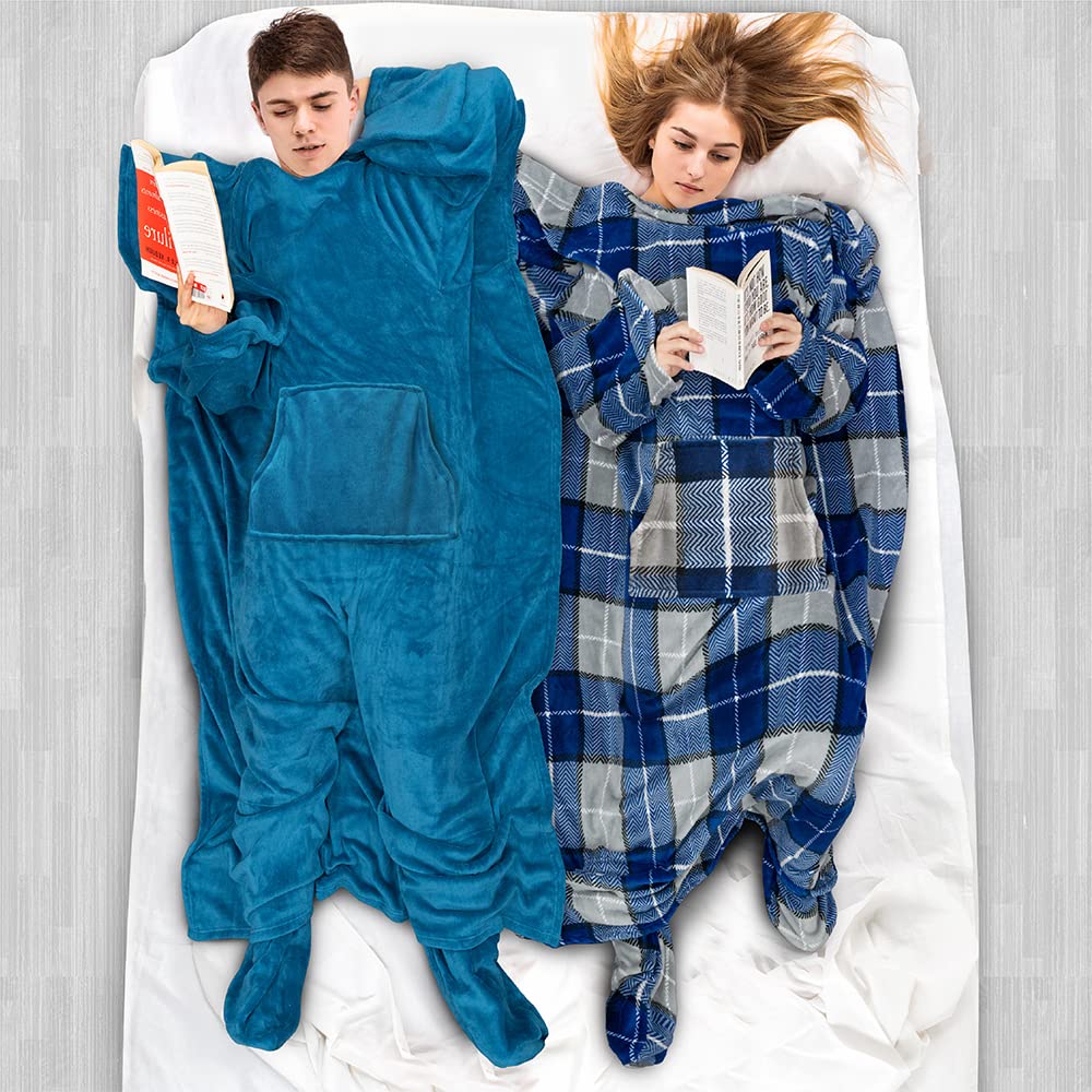 PAVILIA Wearable Fleece Blanket with Sleeves & Foot Pockets - Soft Plush Blanket Robe for Women & Men - Cozy Gift for Wife or Mom - Perfect for Winter Nights, Movie Time & Relaxation - Teal Blue