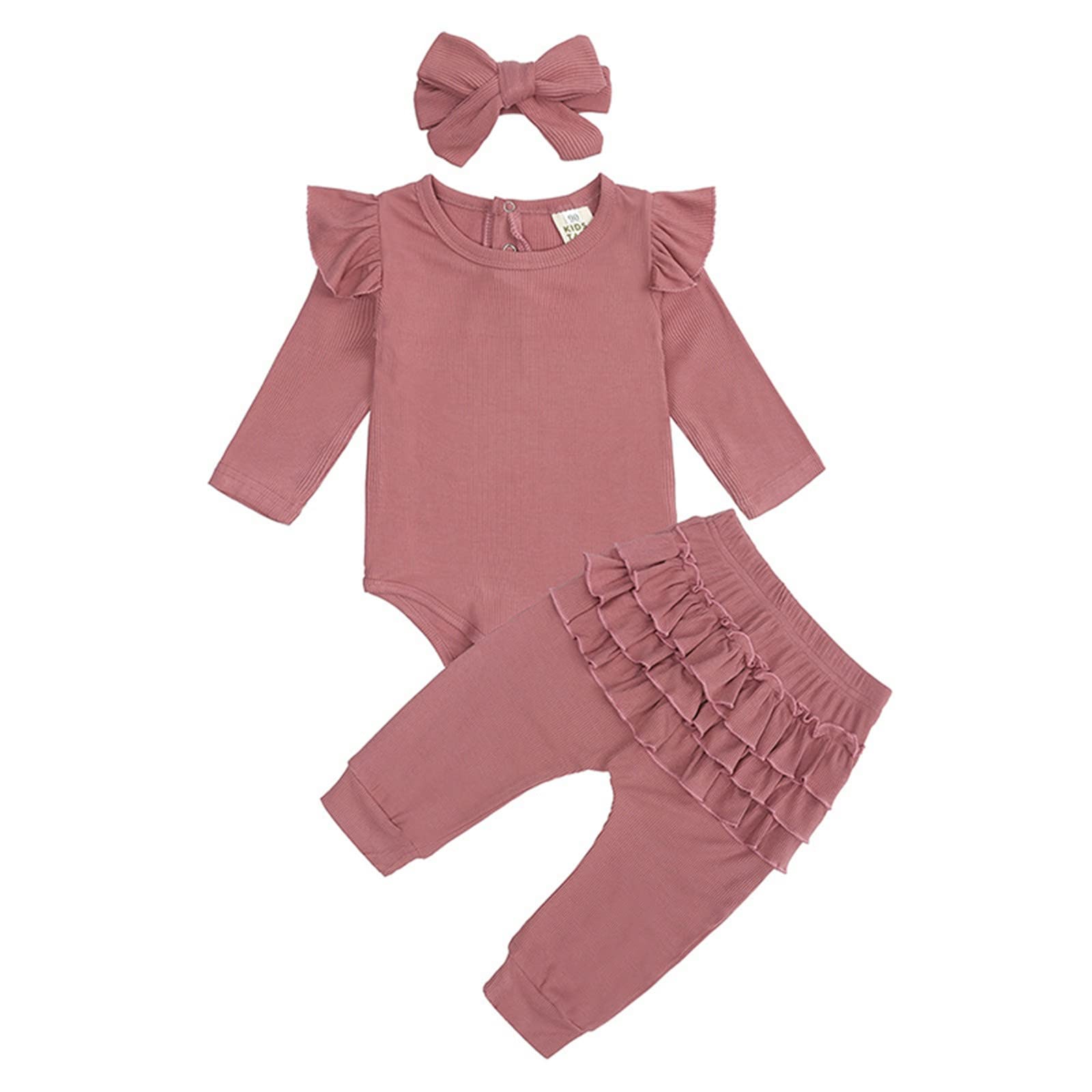 **Adorable 3-Piece Baby Girl Outfit Set - Ribbed Romper, Fly Sleeve Top & Hairband | Newborn & Infant Clothes | Perfect for Photos, Parties & Everyday Wear**