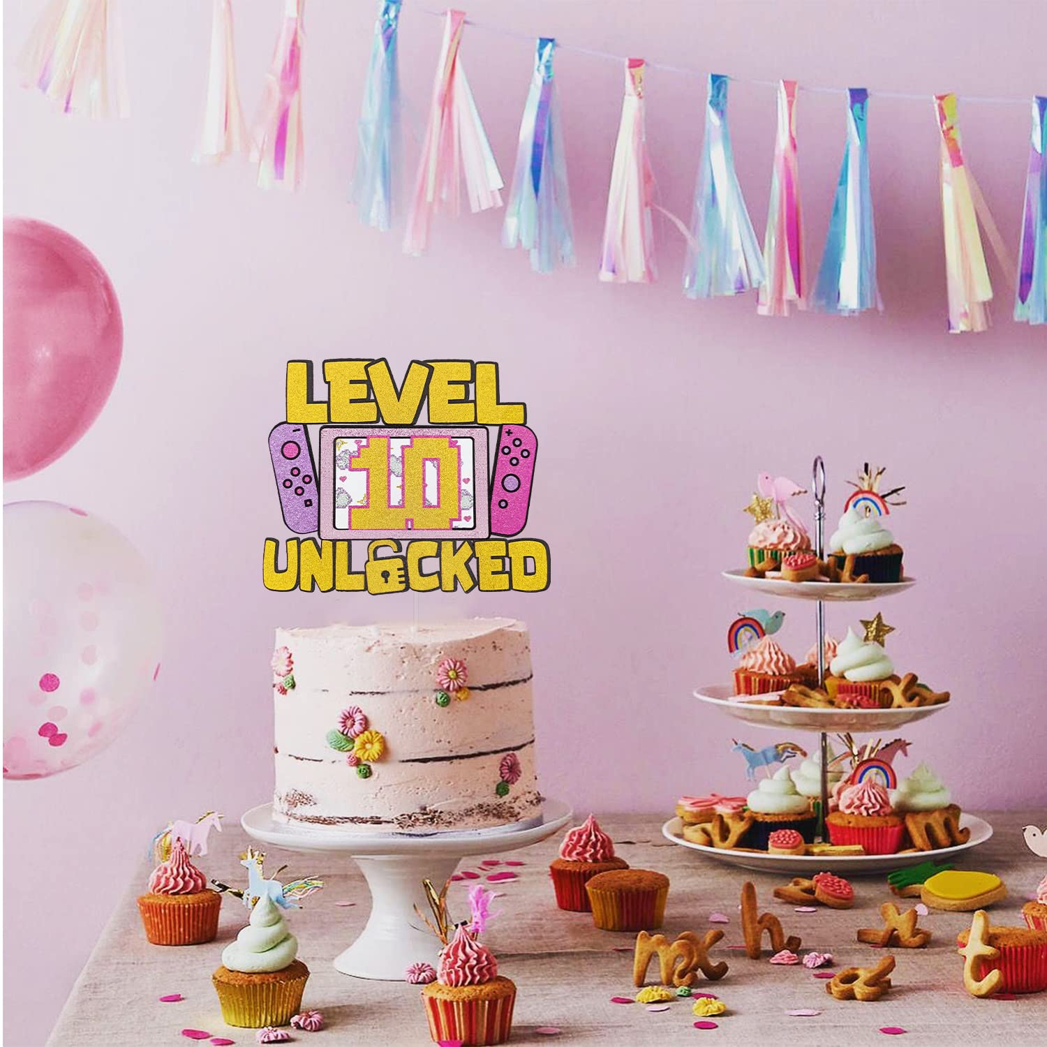 Level 10 Unlocked Glitter Cake Topper for Girls - Video Game Themed 10th Birthday Party Decoration - Perfect for Girl Gamer Celebrations, Gaming Parties & Cake Decorations