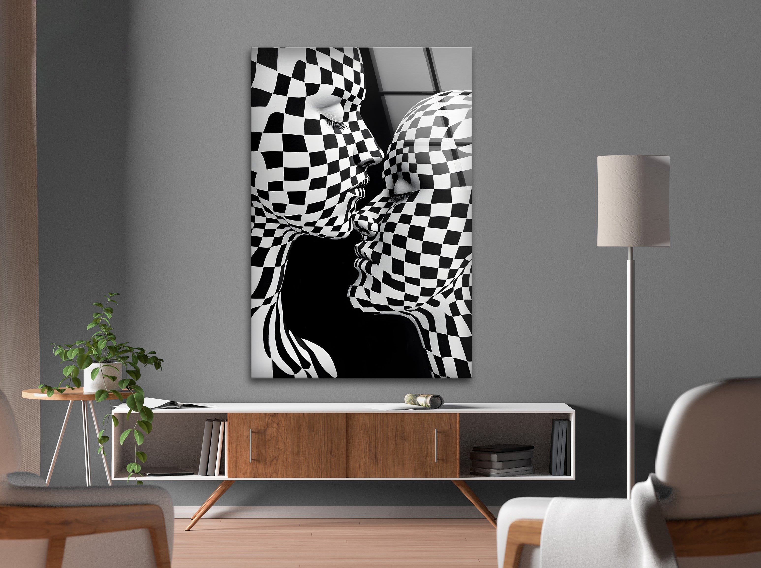 Black and White Kiss Wall Art - Modern Checkered Glass Decor for Living Room, Bedroom & Office - Perfect for Home & Office Décor