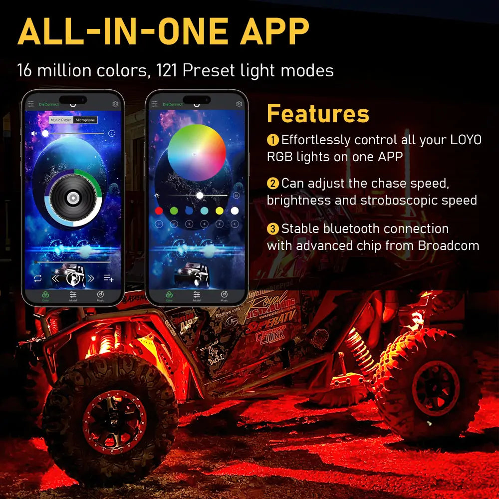 LOYO RGBW LED Rock Lights 12 Pods - Multicolor Underglow Neon Lights Kit with Bluetooth App Control for Cars, Trucks, SUVs, Off-Road Vehicles | Perfect for Night Driving, Car Shows & Custom Lighting Effects