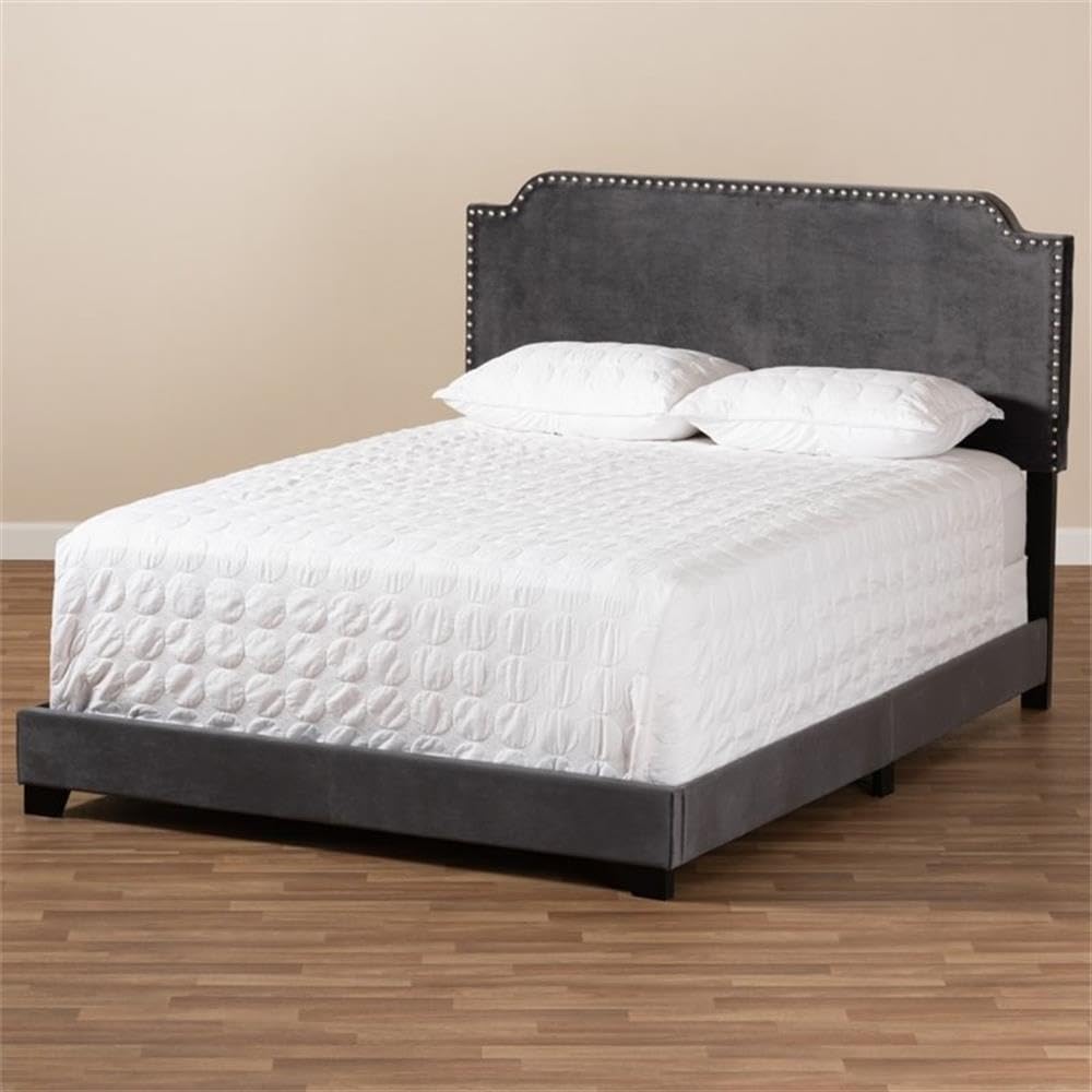 BOWERY HILL Velvet Nailhead Upholstered King Bed Frame in Grey - Luxurious Upholstered Bed for Master Bedroom, Guest Room & Modern Home Decor