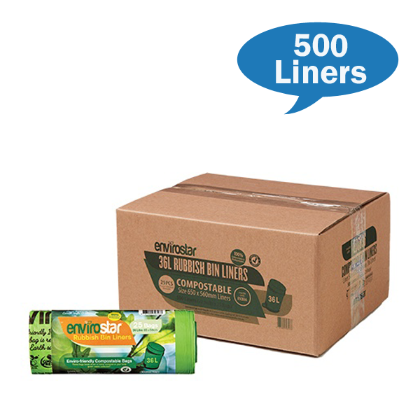 Eco-Friendly Envirostar 36L Compostable Trash Bags - 18 Micron Thick Biodegradable Kitchen Waste Liners for Home, Office & Outdoor Composting
