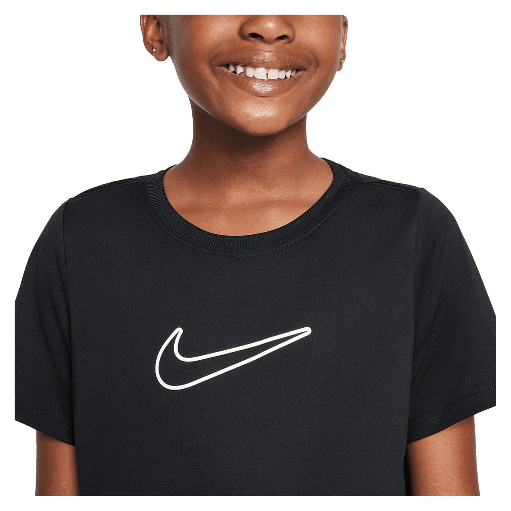 Girls' Dri-FIT One Short Sleeve Training Top - Black & White - Moisture-Wicking Workout Shirt for Running, Yoga & Gym