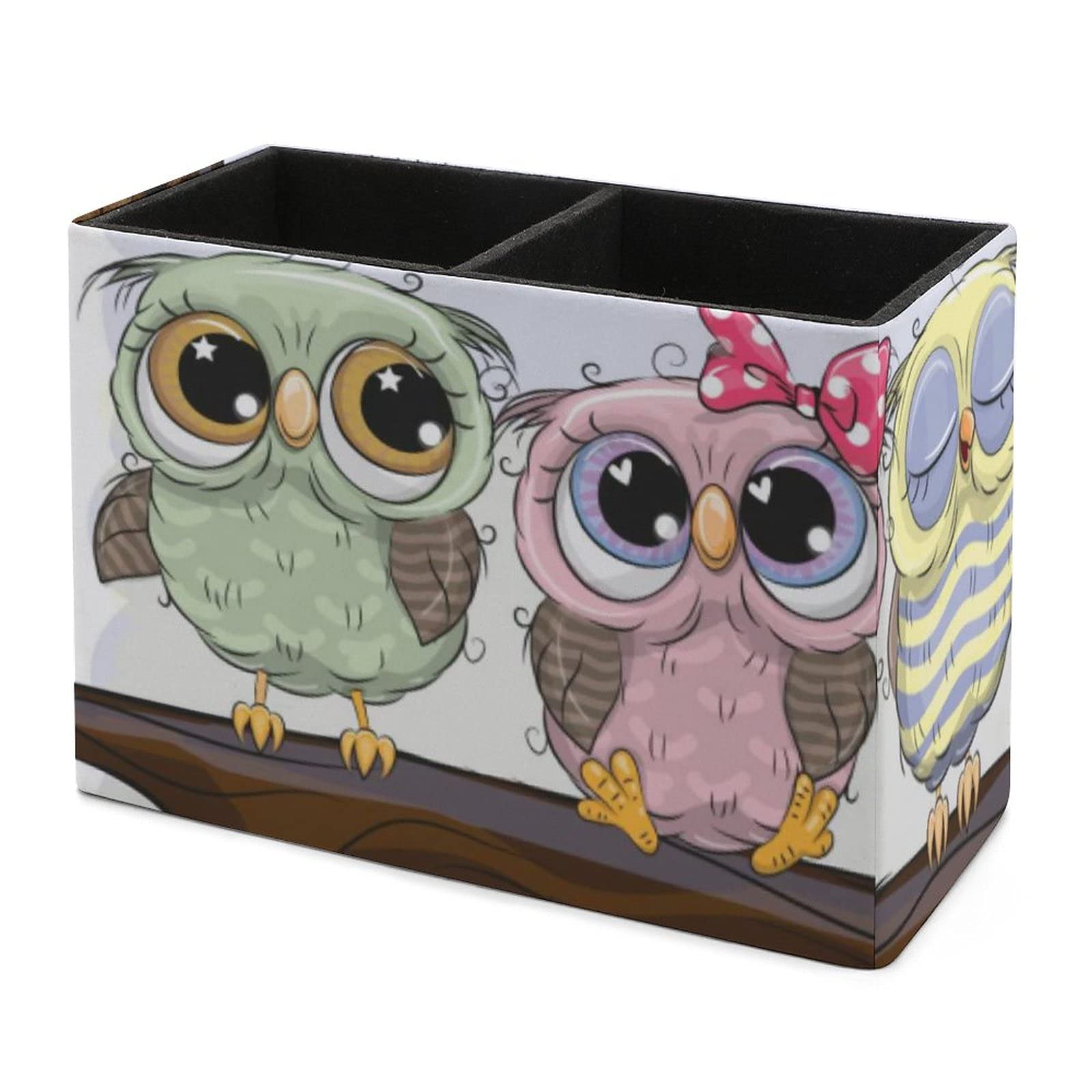 Stylish Leather Pen Holder with 5 Cute Owls on Branch - Desk Organizer for Pens, Brushes & Office Supplies | Perfect for Home, Office & School Workspace Organization